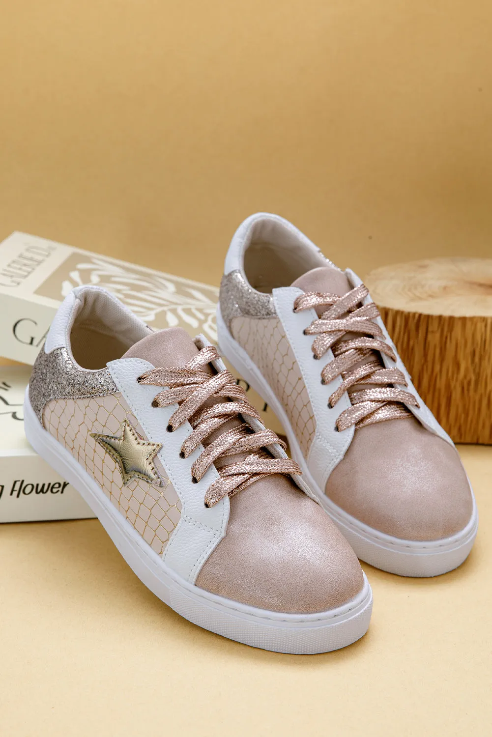 Gold Glitter Star Patchwork Leather Lace-up Sneakers