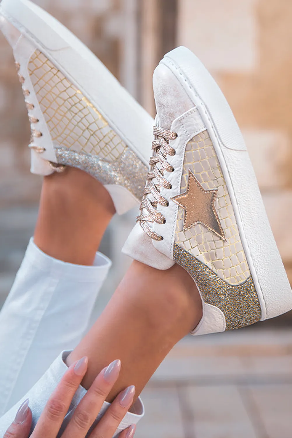 Gold Glitter Star Patchwork Leather Lace-up Sneakers