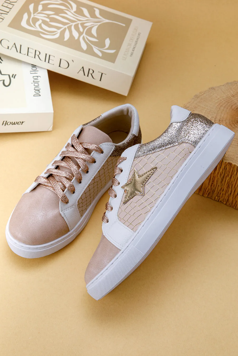 Gold Glitter Star Patchwork Leather Lace-up Sneakers
