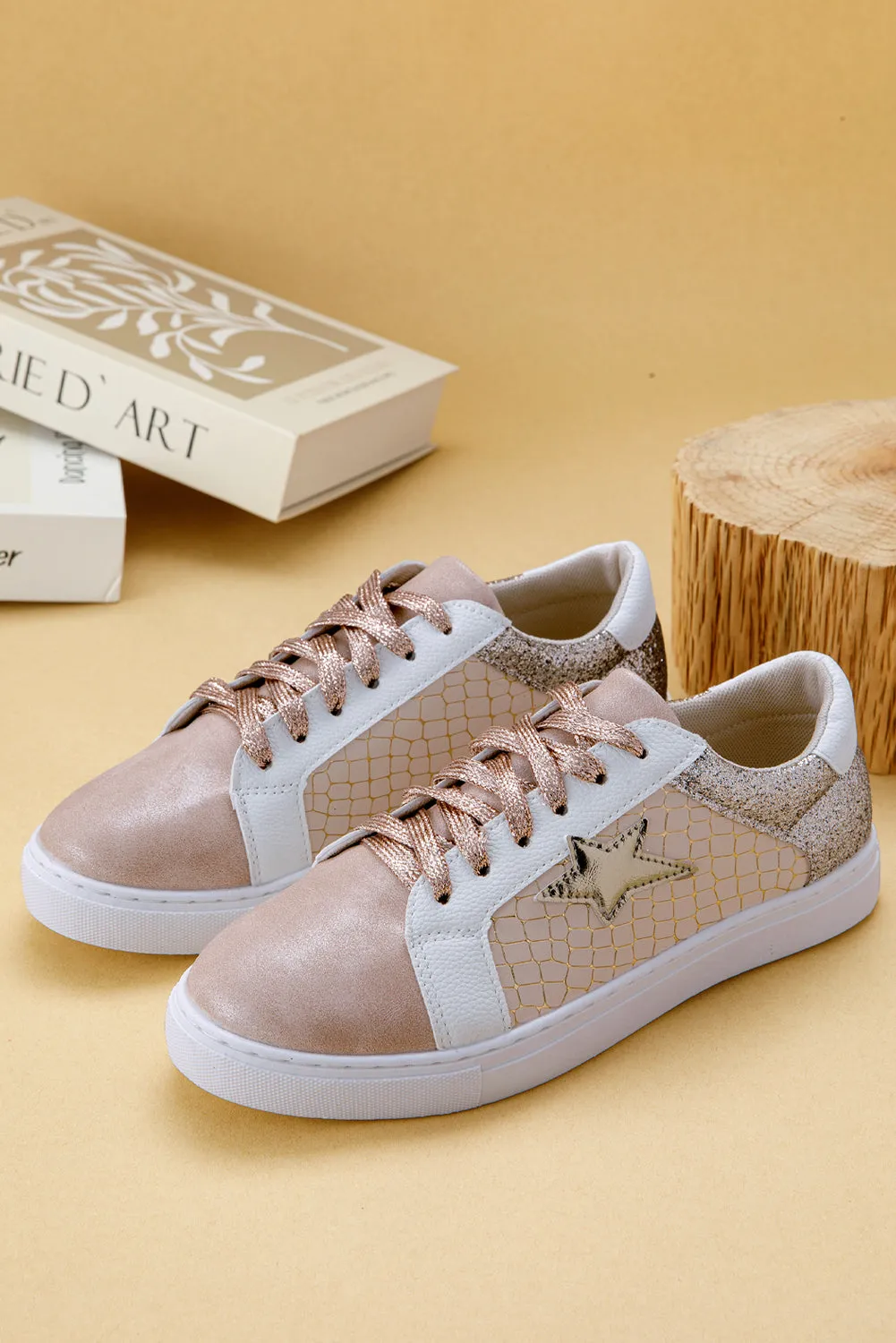 Gold Glitter Star Patchwork Leather Lace-up Sneakers