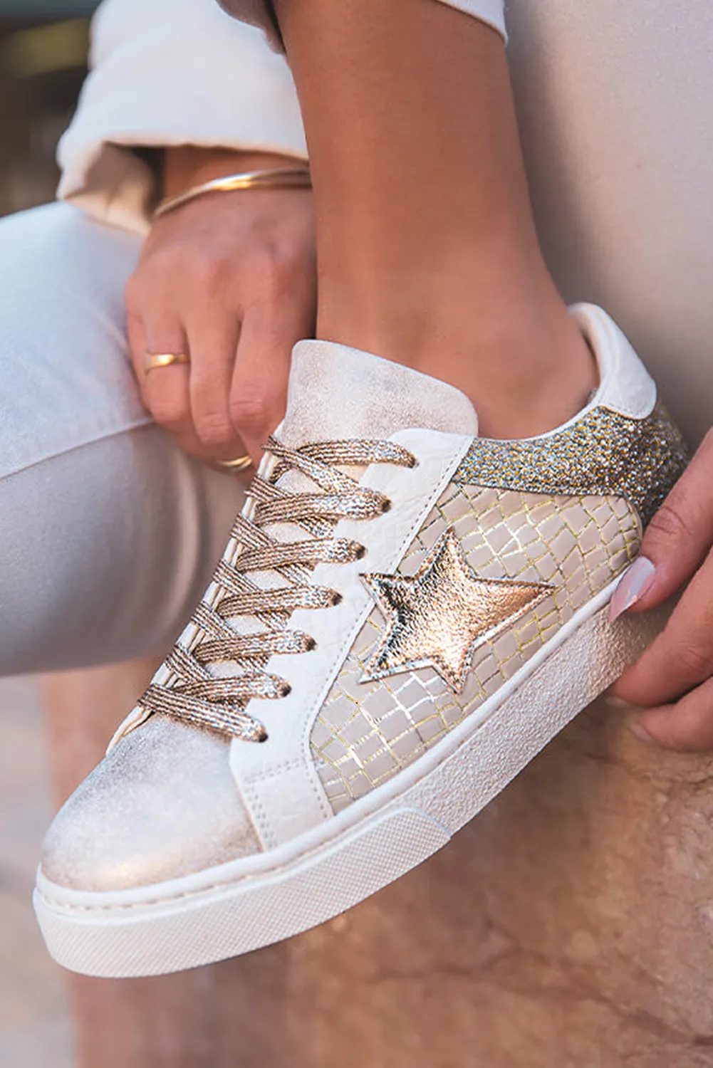 Gold Glitter Star Patchwork Leather Lace-up Sneakers