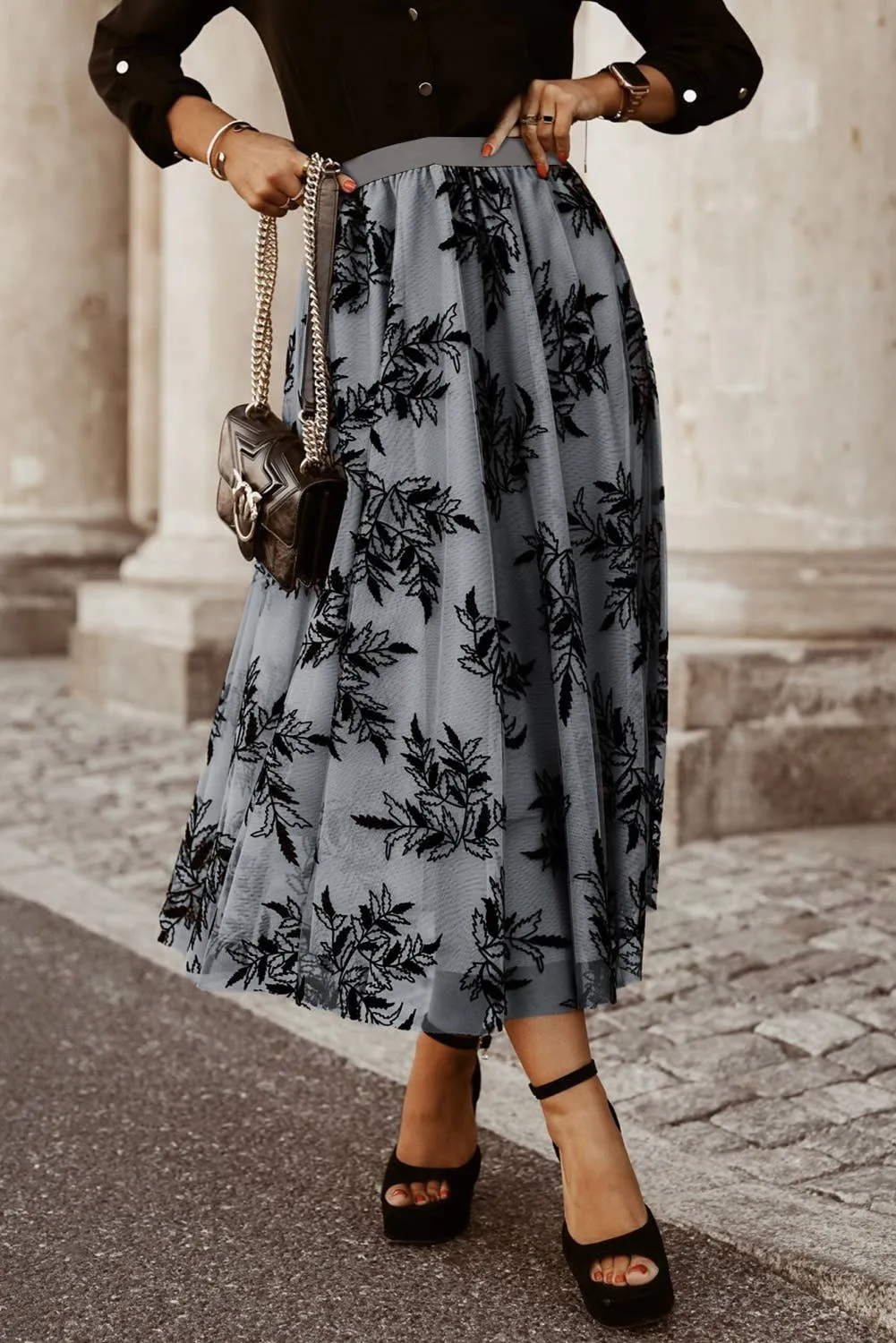 Grey Leaves Embroidered Maxi Skirt
