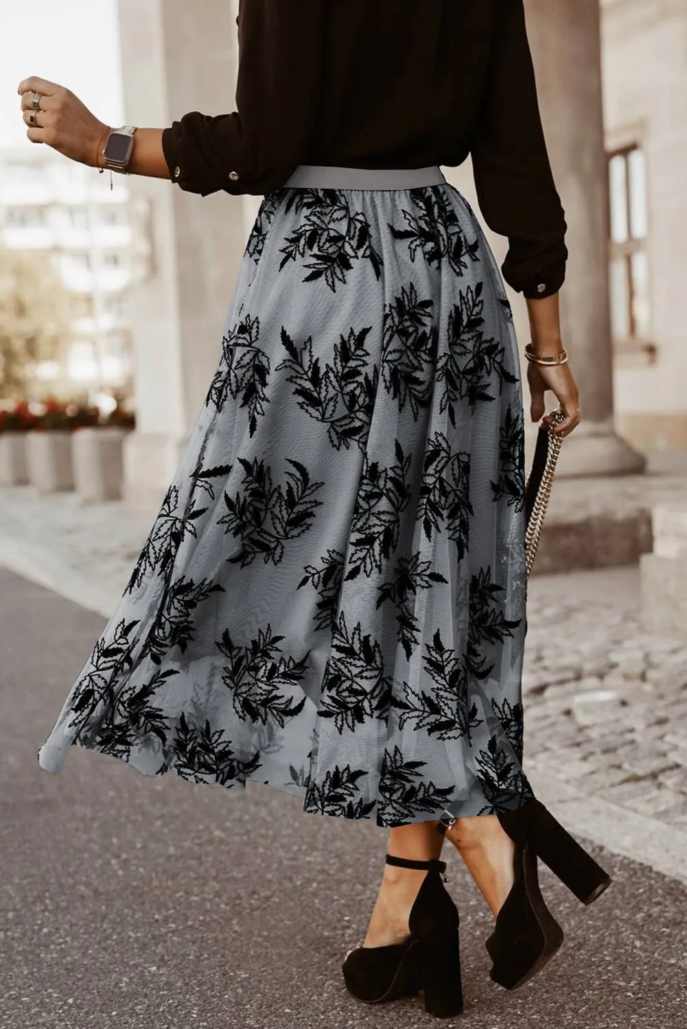 Grey Leaves Embroidered Maxi Skirt