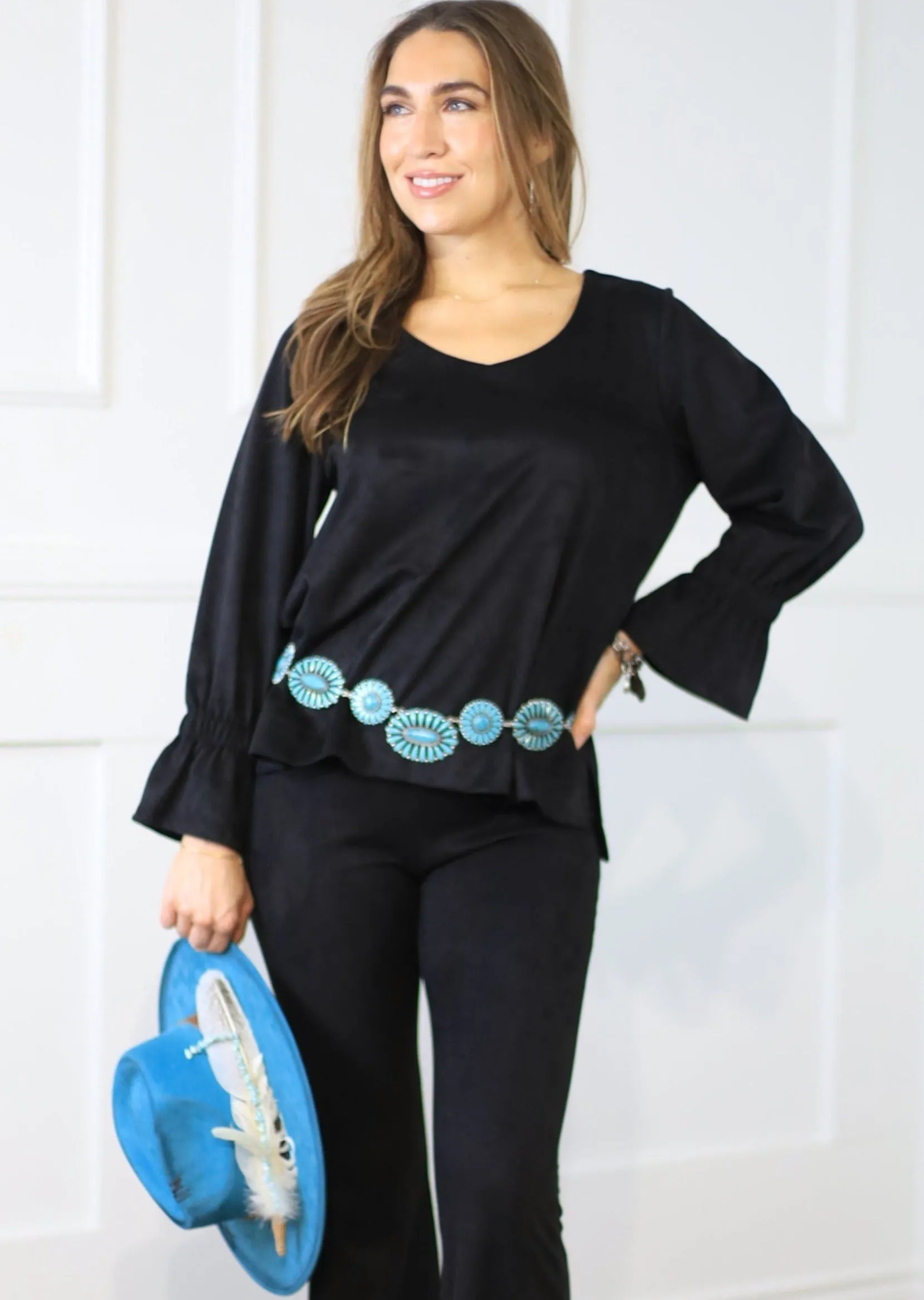 HIGH WAISTED FAUX SUEDE FLARE PANTS