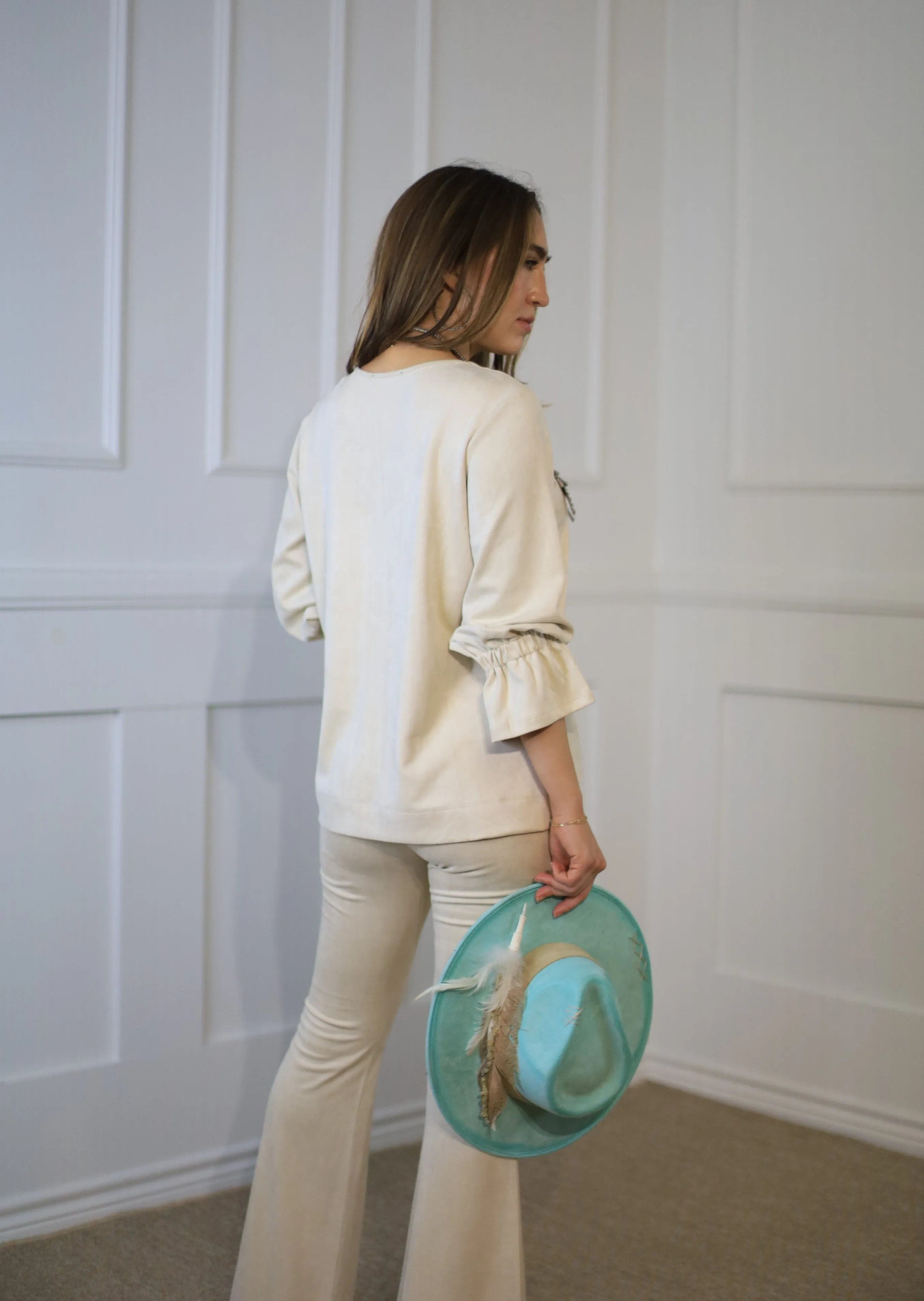 HIGH WAISTED FAUX SUEDE FLARE PANTS