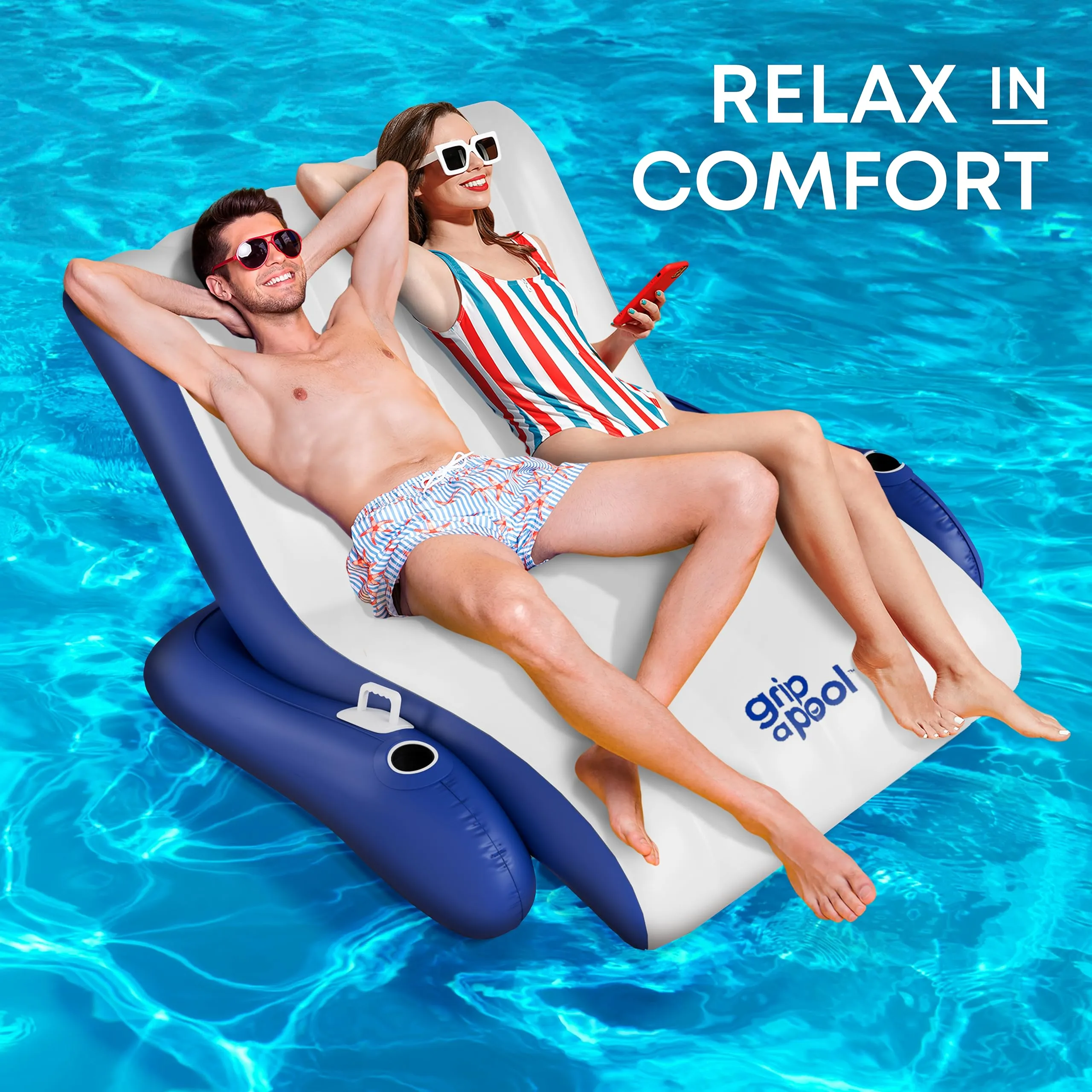 Inflatable 1-2 Person Pool Recliner Lounge Float with Cup Holders - For Pool, Lake, River, Beach
