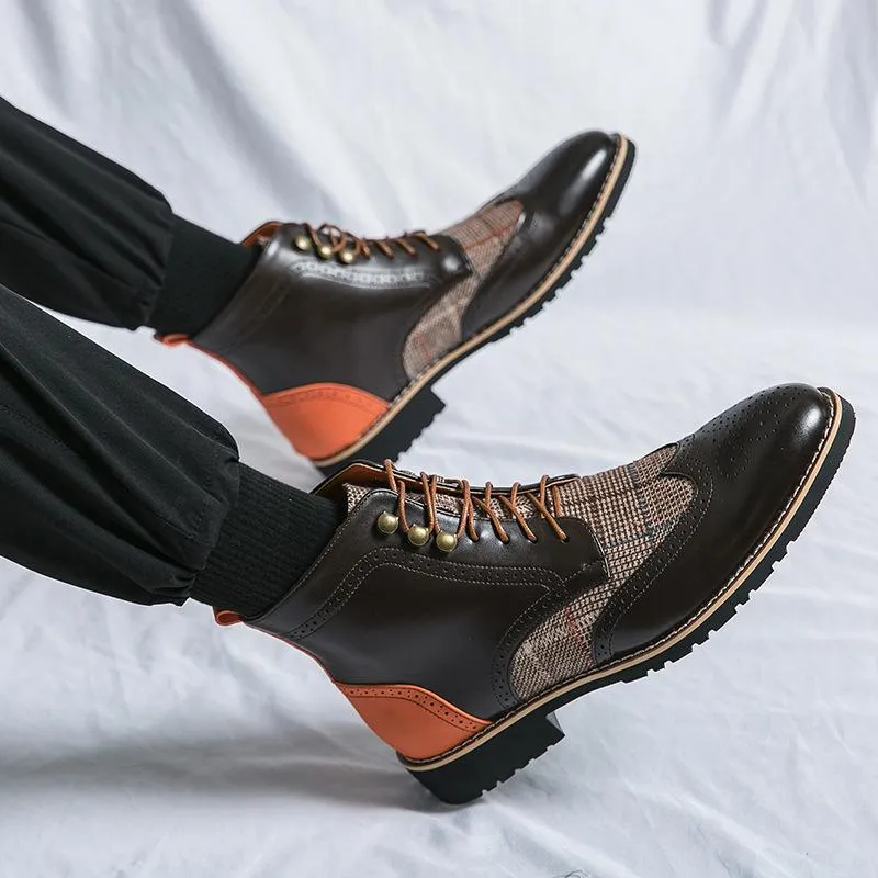 Italian handmade leather plaid casual boots