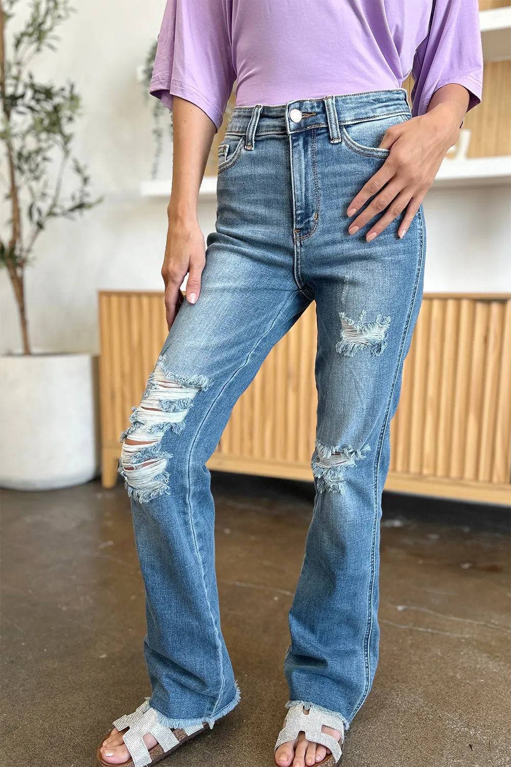 Judy Blue  Distressed Raw Hem Bootcut Jeans