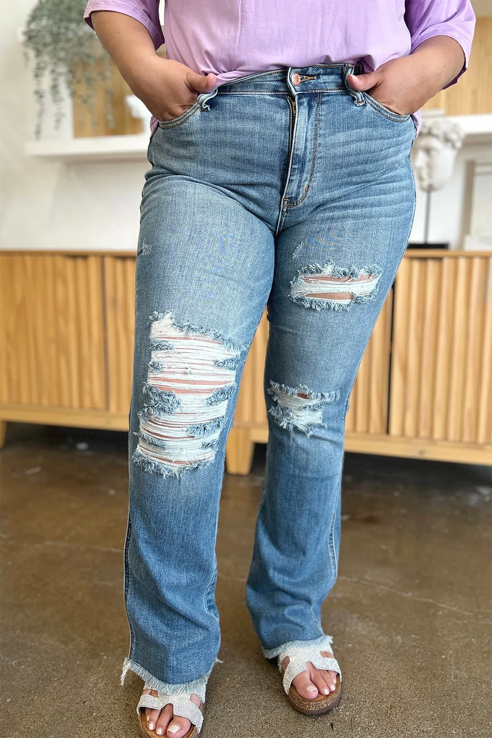 Judy Blue  Distressed Raw Hem Bootcut Jeans