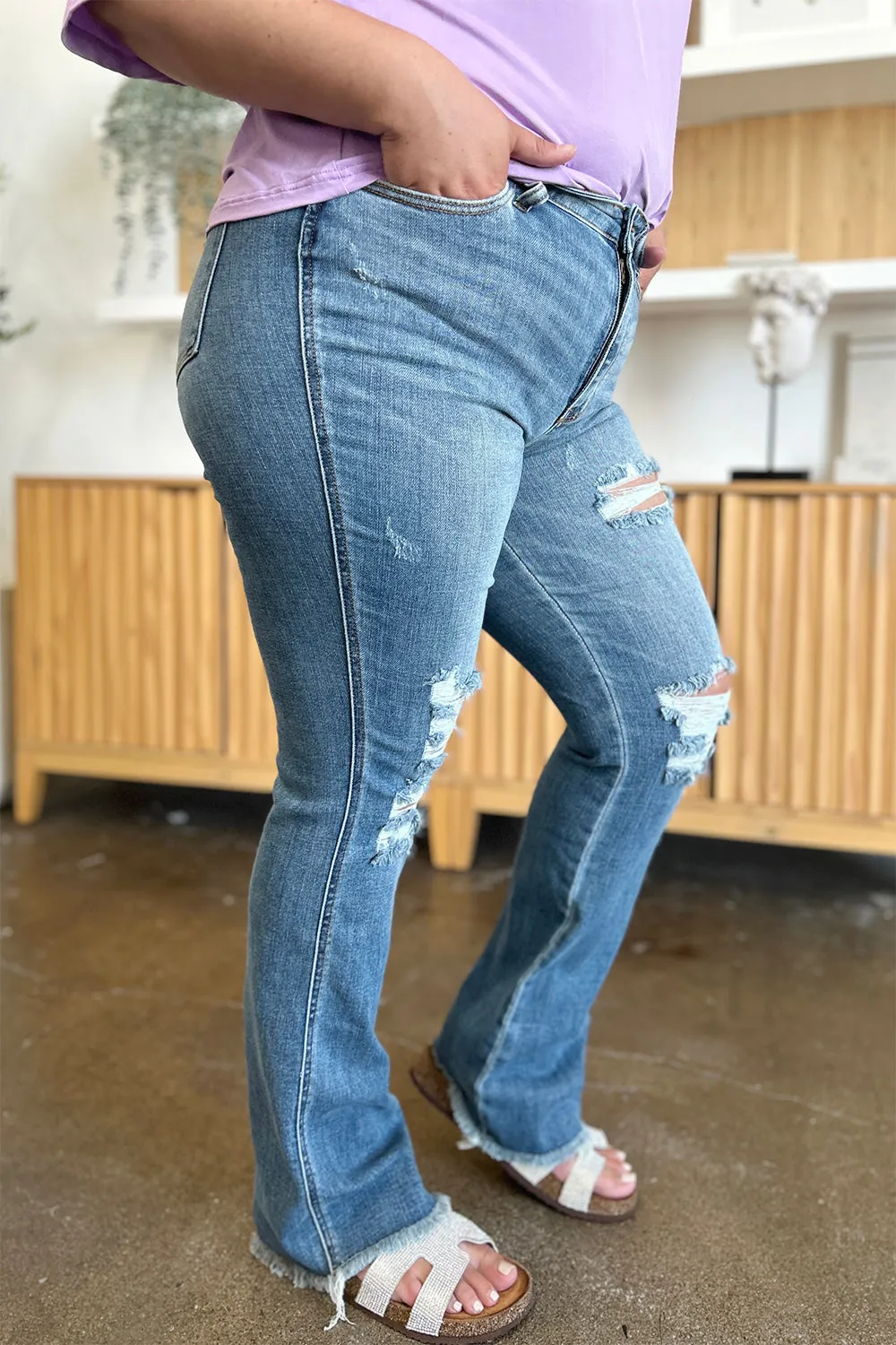 Judy Blue  Distressed Raw Hem Bootcut Jeans