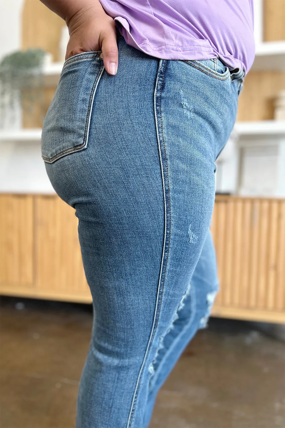 Judy Blue  Distressed Raw Hem Bootcut Jeans