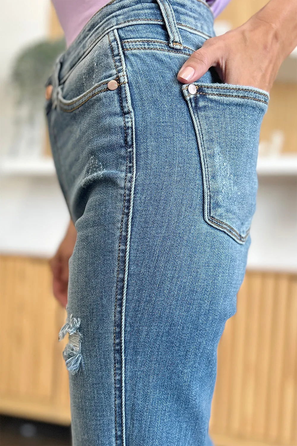 Judy Blue  Distressed Raw Hem Bootcut Jeans