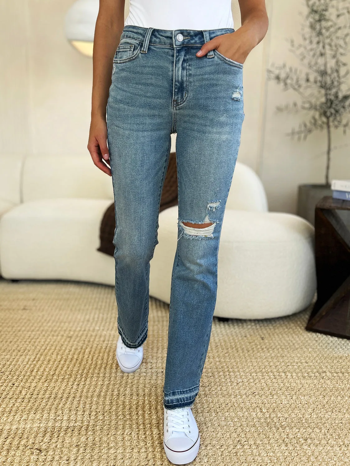 Judy Blue Mid Rise Destroyed Hem Distressed Jeans- Regular and Plus Size