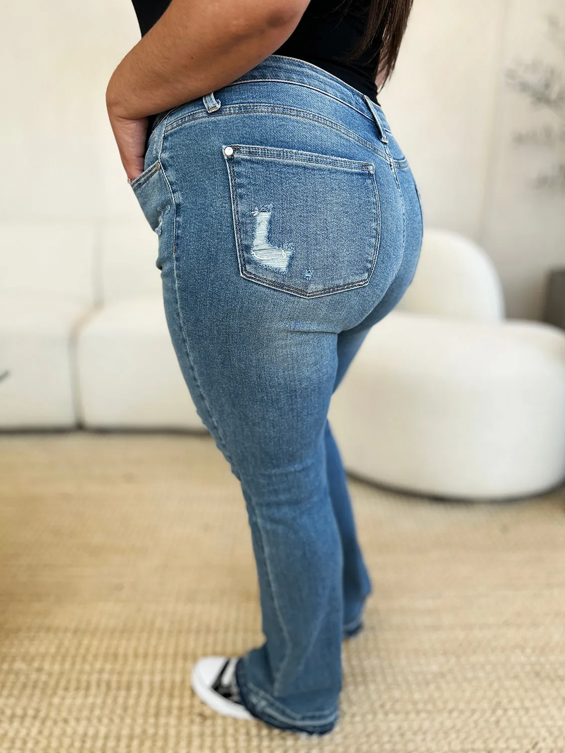 Judy Blue Mid Rise Destroyed Hem Distressed Jeans- Regular and Plus Size