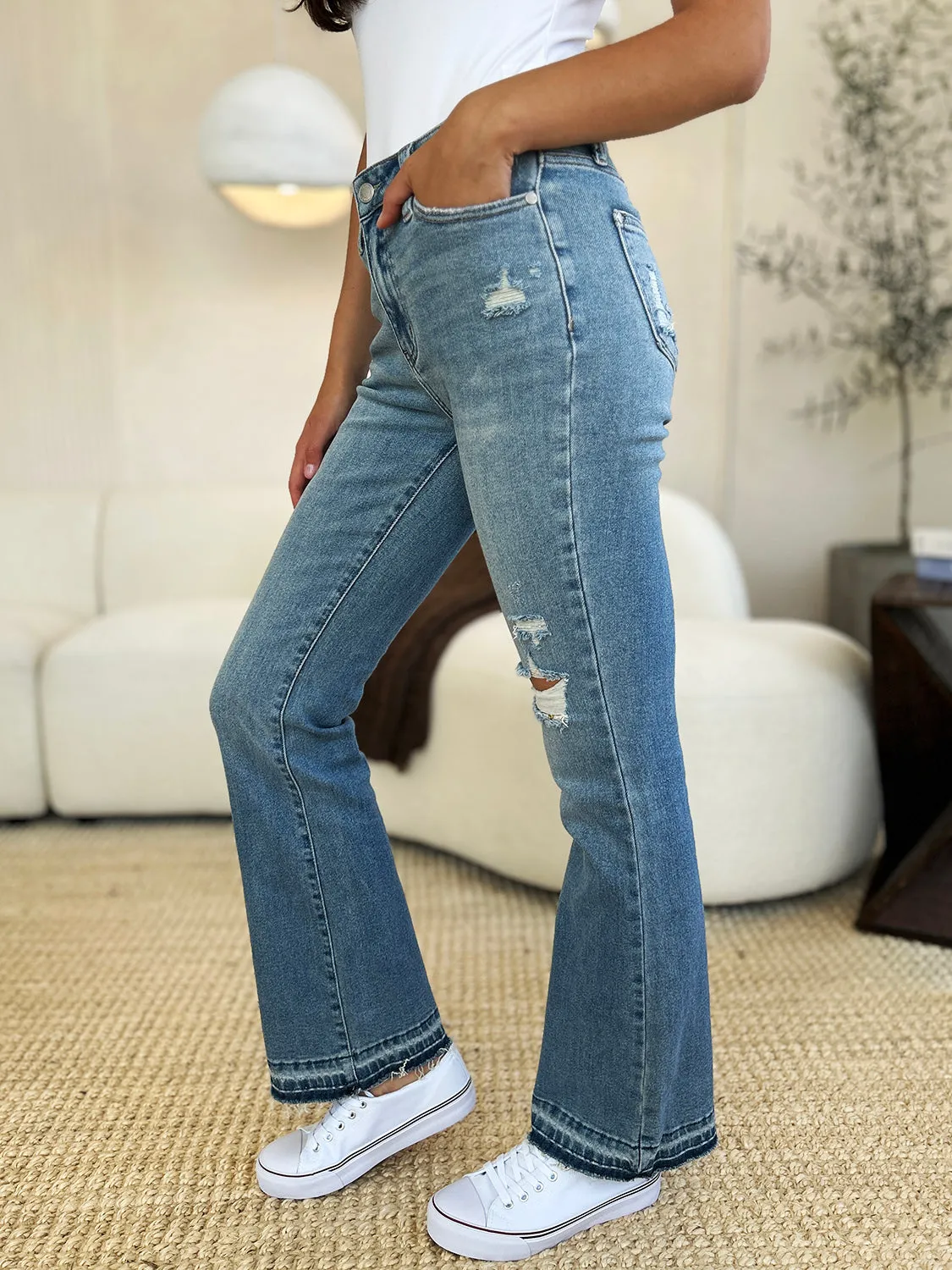 Judy Blue Mid Rise Destroyed Hem Distressed Jeans- Regular and Plus Size