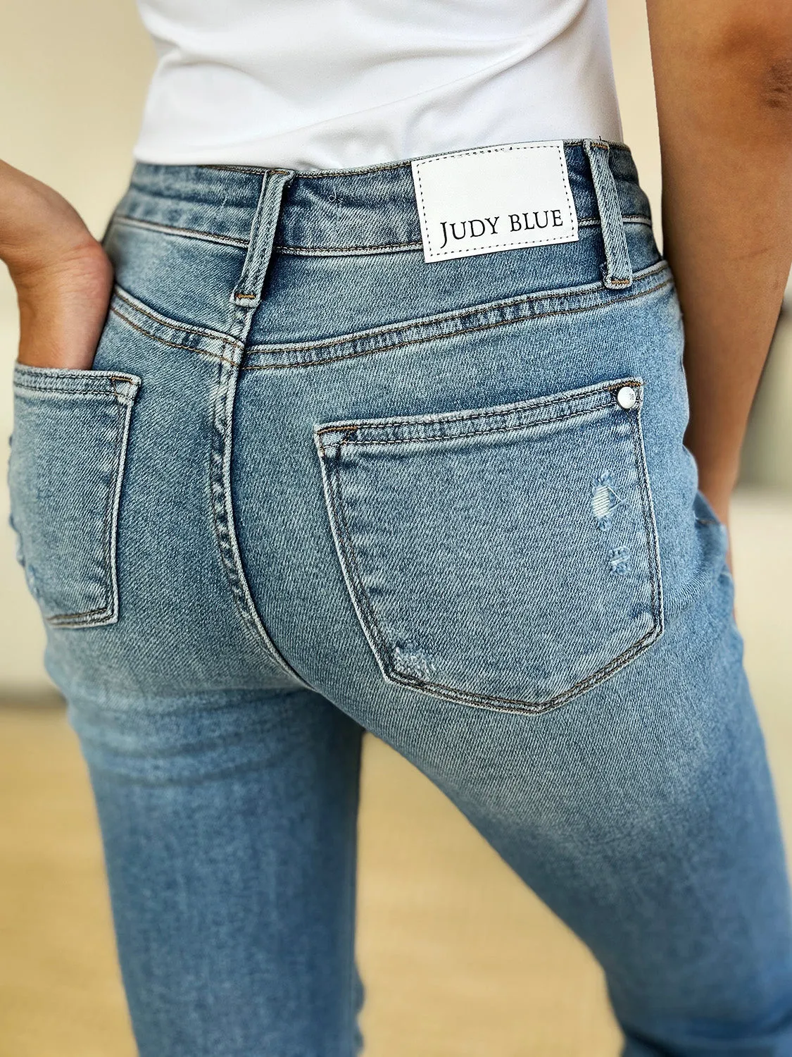 Judy Blue Mid Rise Destroyed Hem Distressed Jeans- Regular and Plus Size