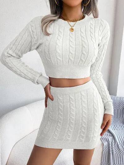 Kawaii Cable Knit Crop Sweater and Skirt Set