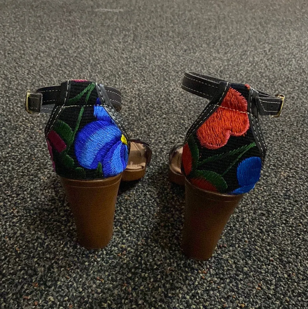 Leather Floral Embroidered Heels Black