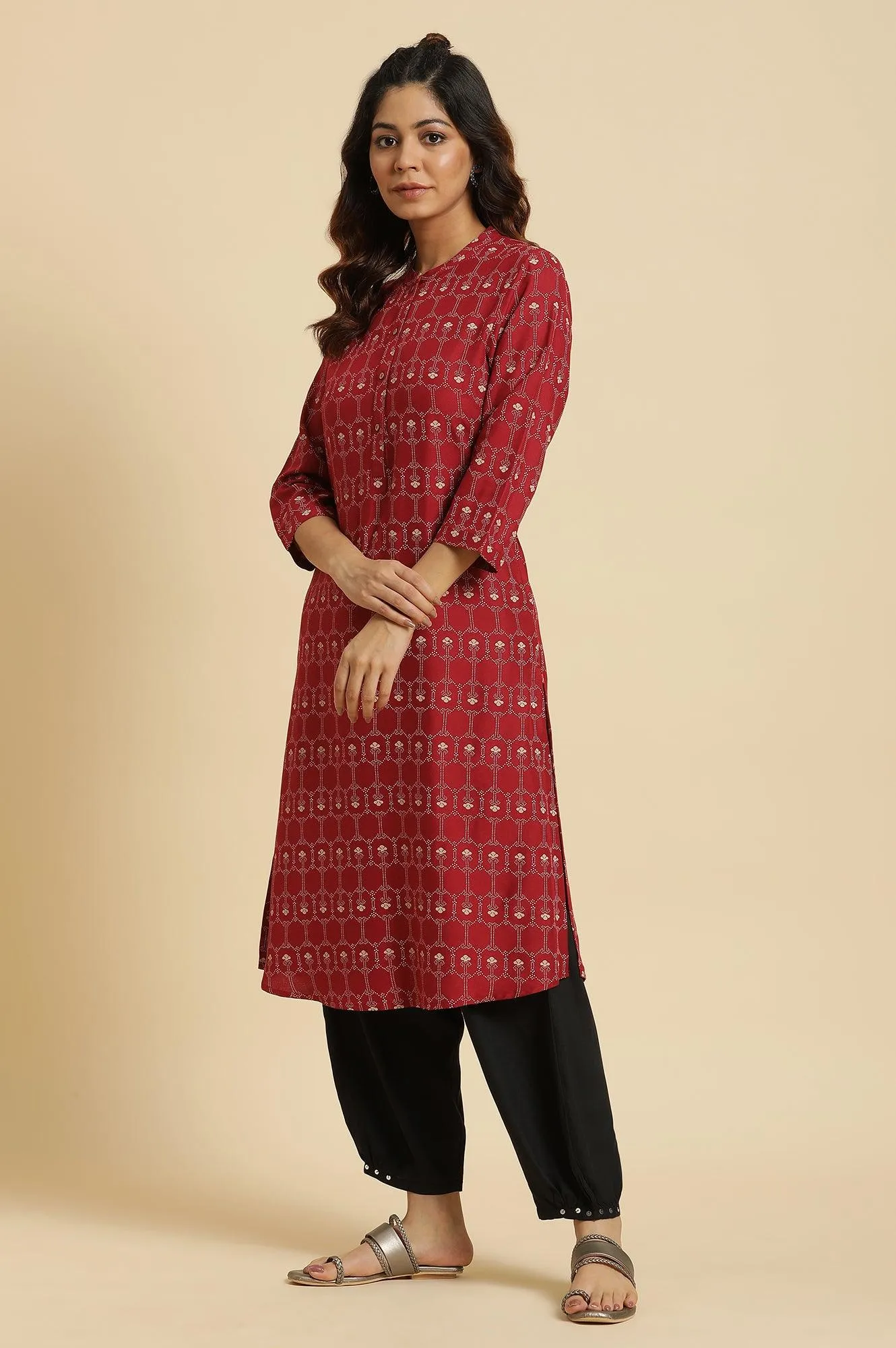 Maroon Printed Mandarin Collar Kurta