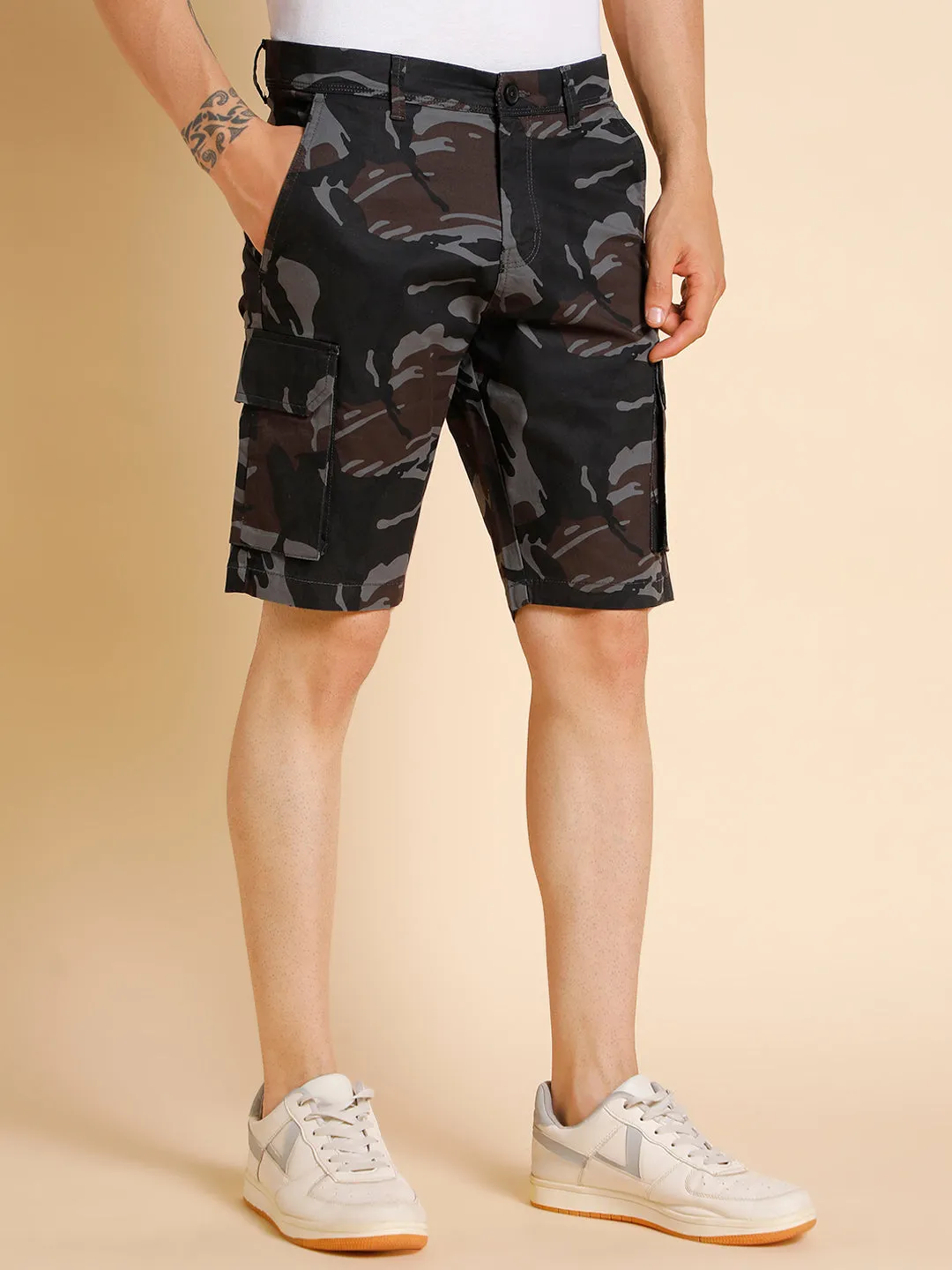 Men's Black Camouflage Cotton Shorts