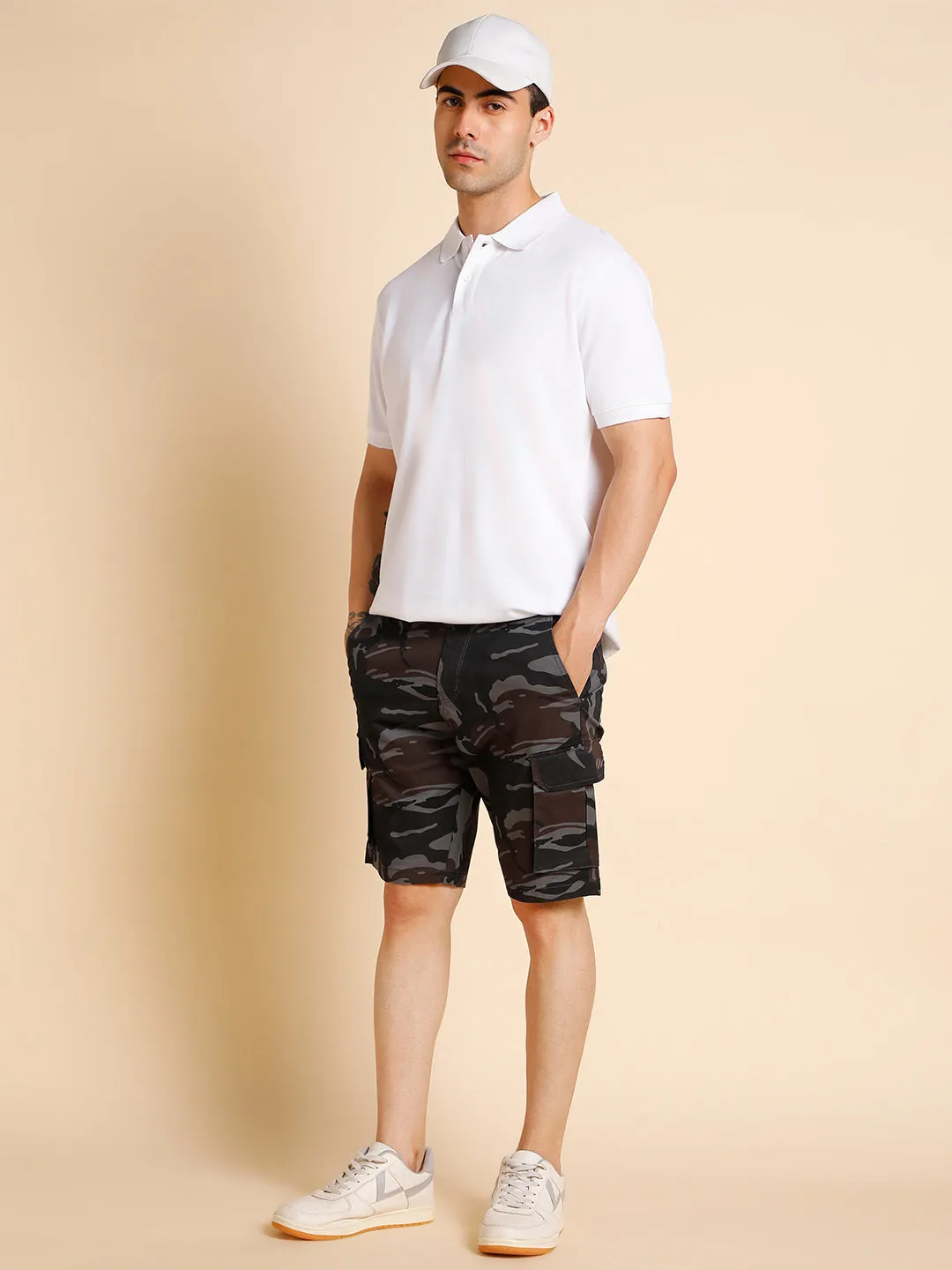 Men's Black Camouflage Cotton Shorts