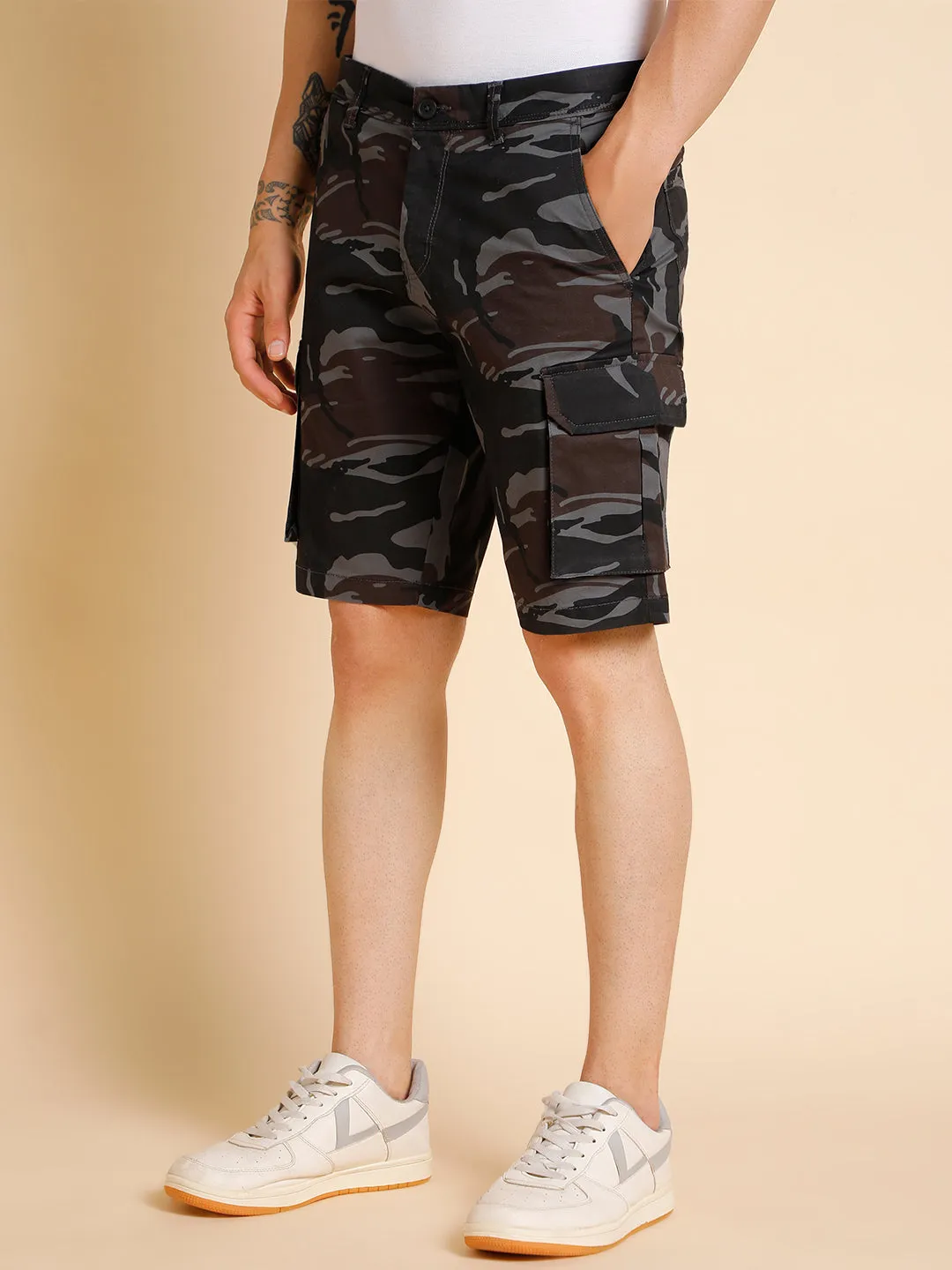 Men's Black Camouflage Cotton Shorts