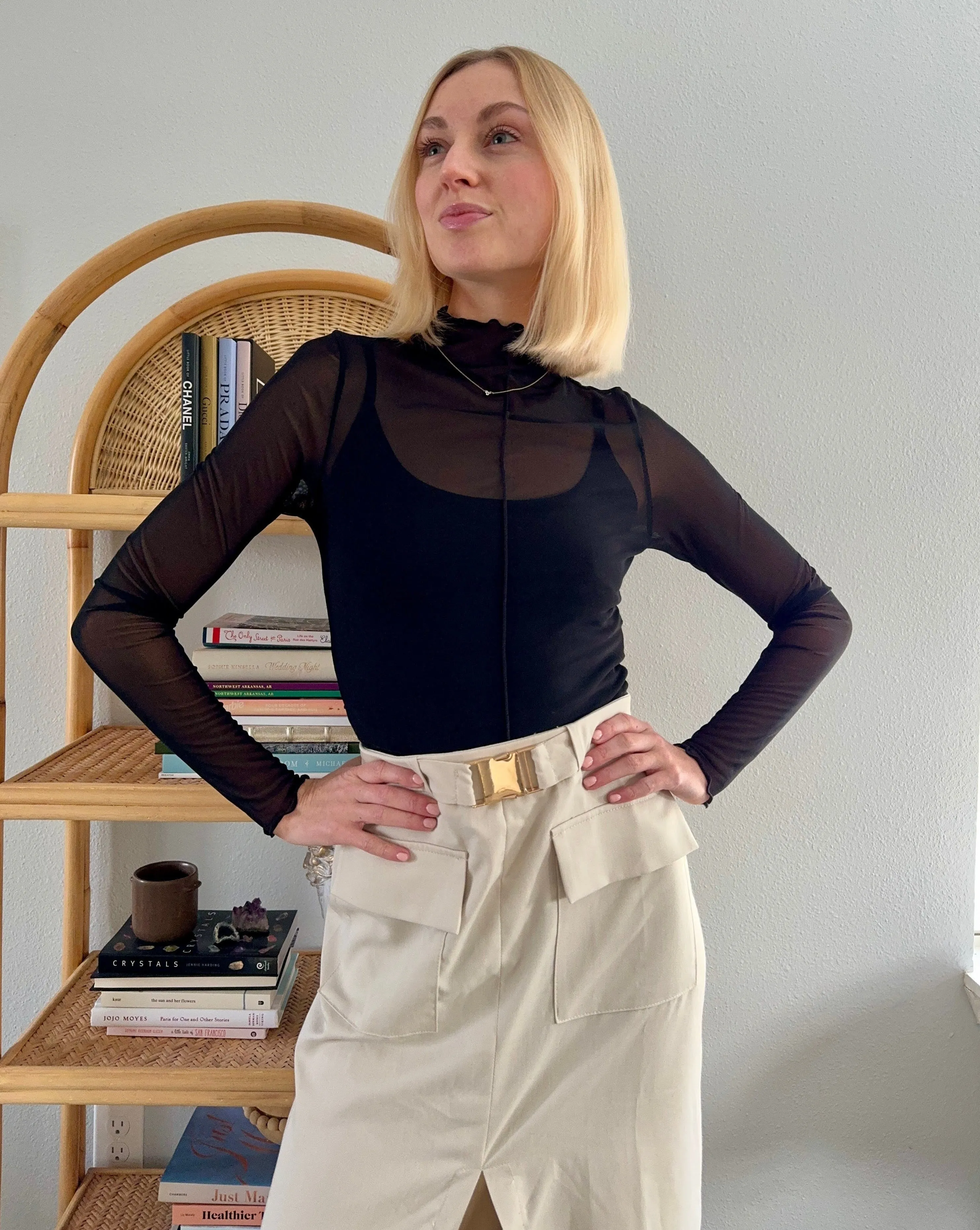 MEROKEETY Mock Neck See Through Sheer Mesh Crop Top