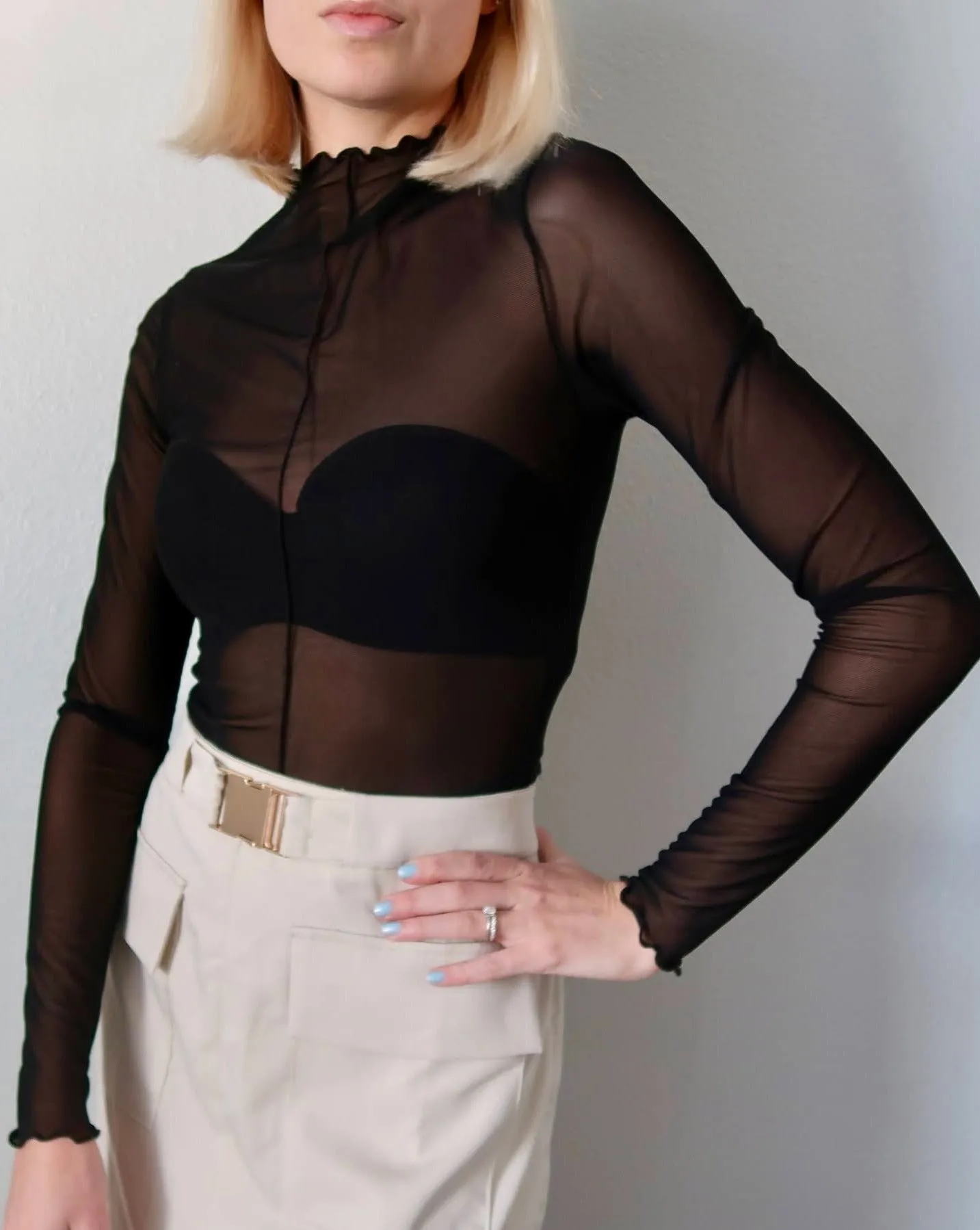 MEROKEETY Mock Neck See Through Sheer Mesh Crop Top