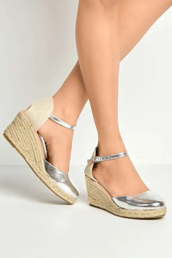 Mira Closed Toe Anklestrap Wedges in Silver
