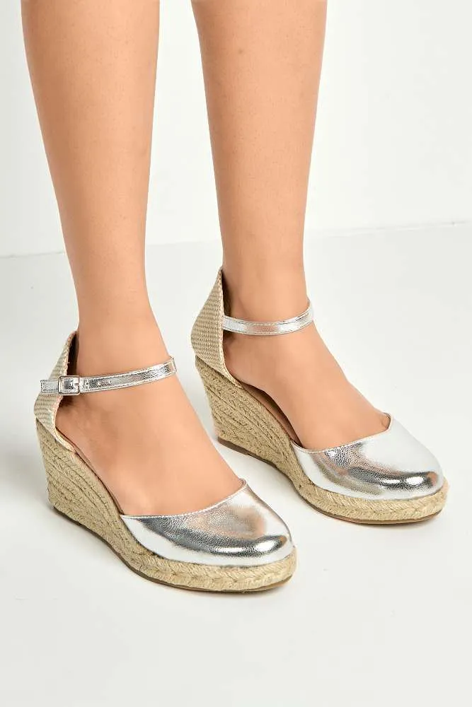 Mira Closed Toe Anklestrap Wedges in Silver