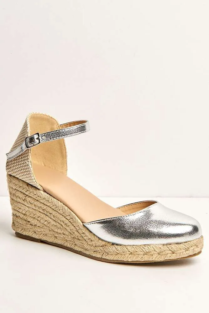 Mira Closed Toe Anklestrap Wedges in Silver