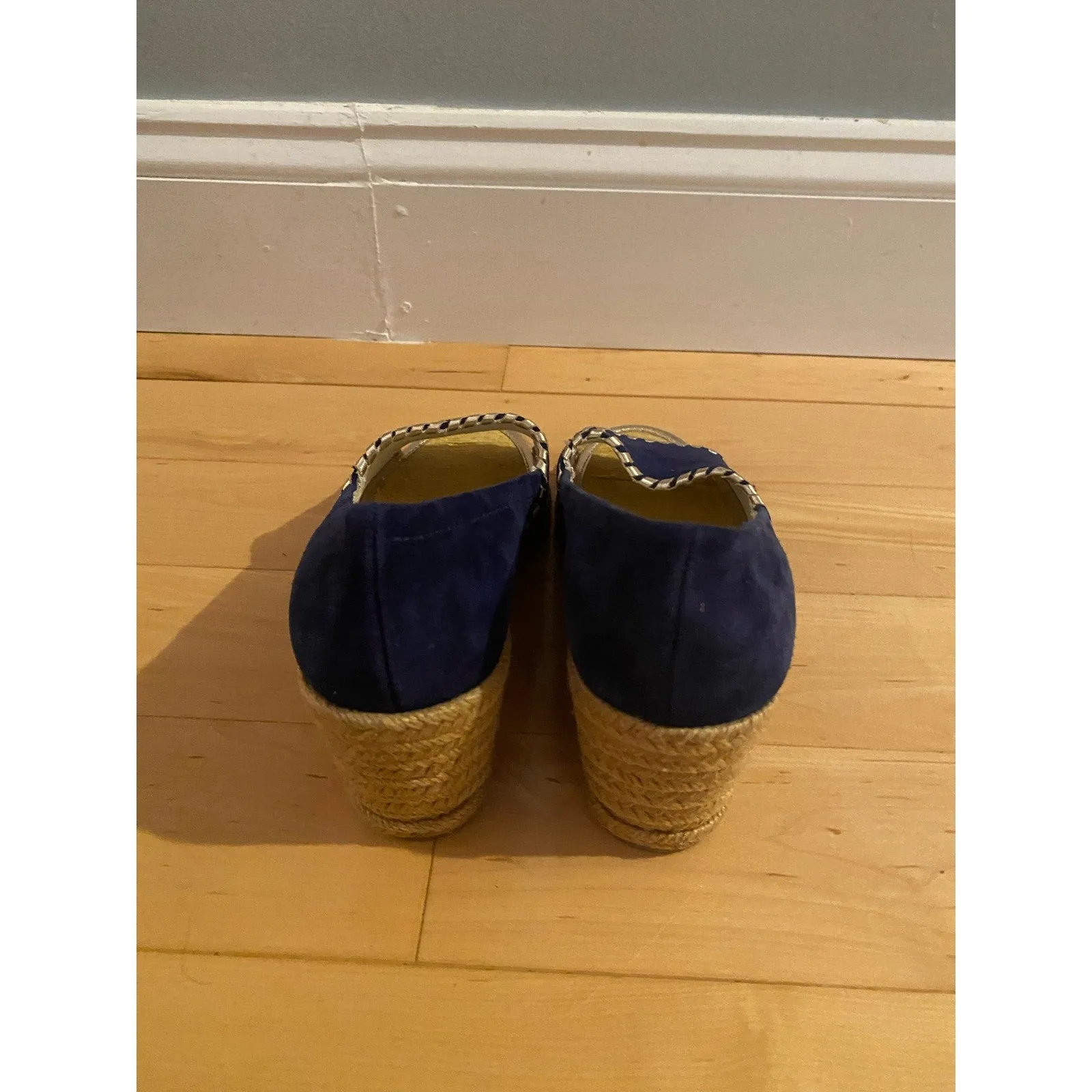NWOB JACK ROGERS Suede Navy Blue Palmer Peep Toe Wedge Espadrilles Size 8