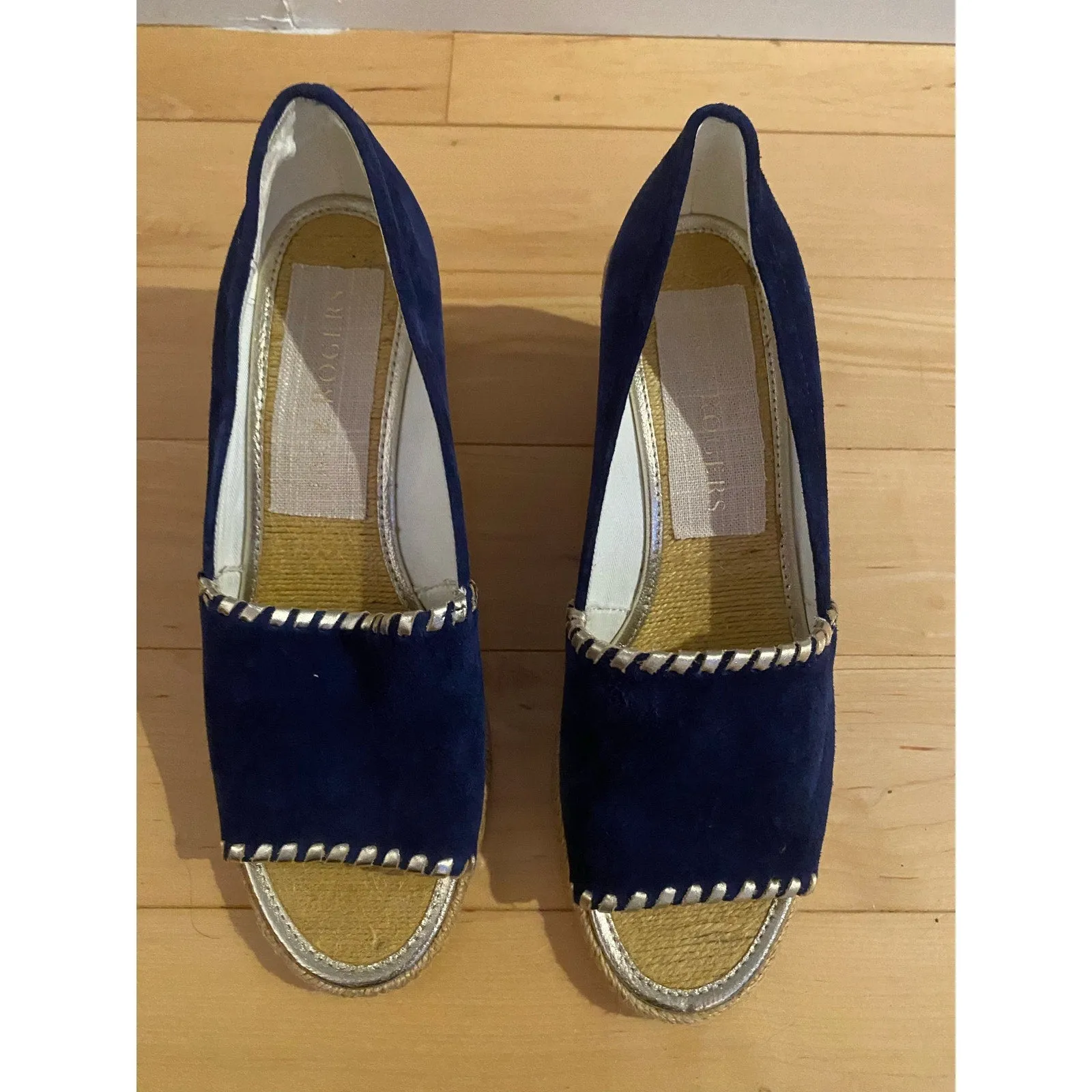 NWOB JACK ROGERS Suede Navy Blue Palmer Peep Toe Wedge Espadrilles Size 8