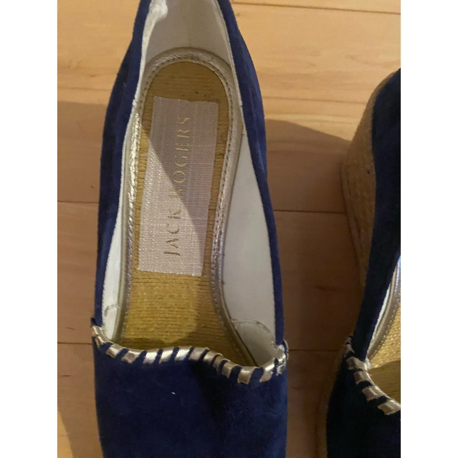 NWOB JACK ROGERS Suede Navy Blue Palmer Peep Toe Wedge Espadrilles Size 8