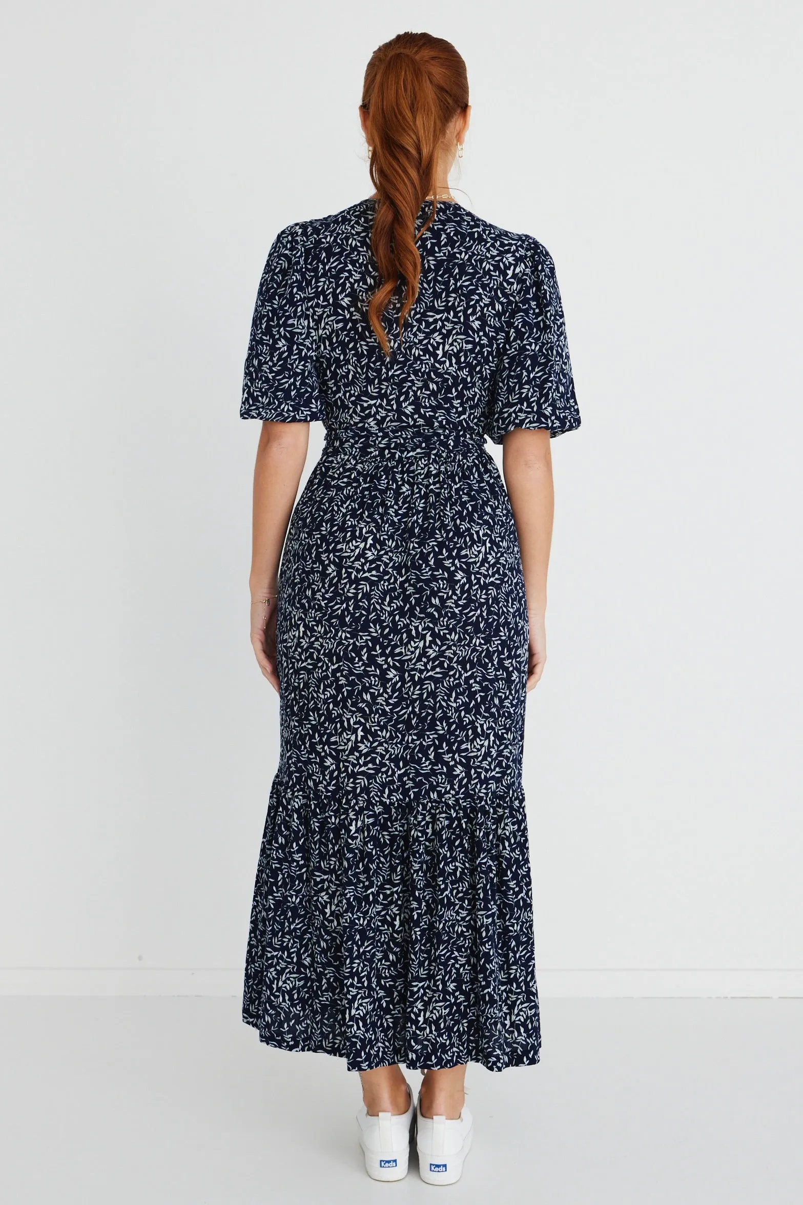 Ocean Navy Leaves SS Wrap Maxi Dress