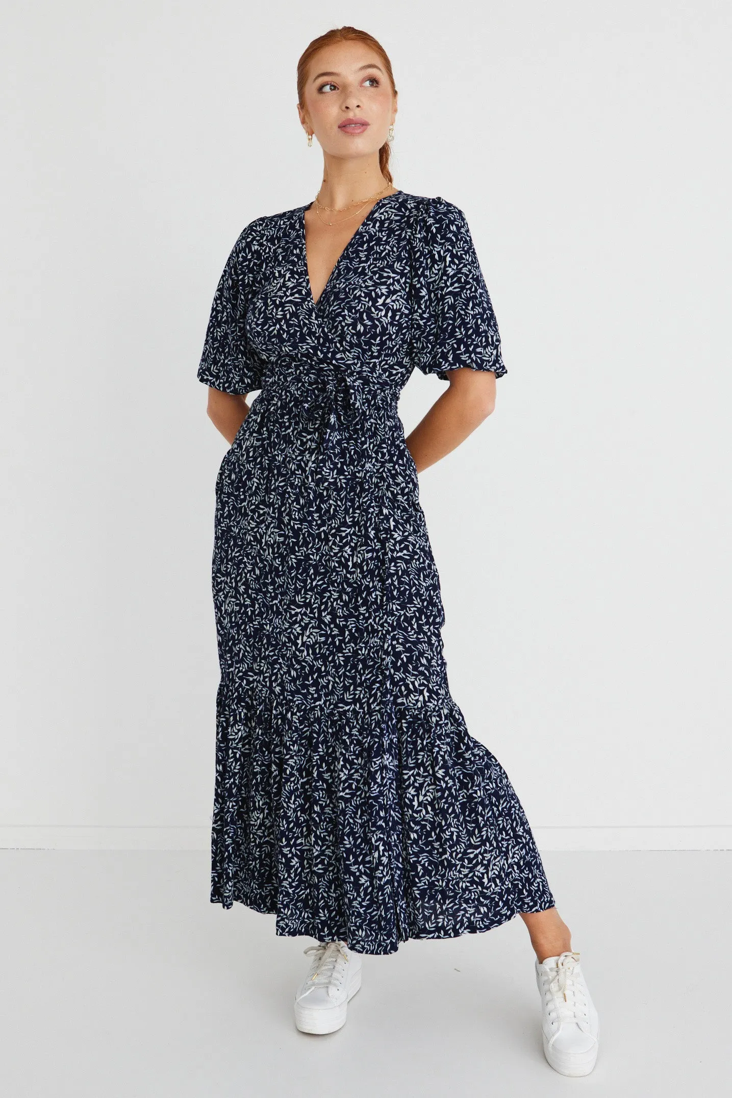 Ocean Navy Leaves SS Wrap Maxi Dress