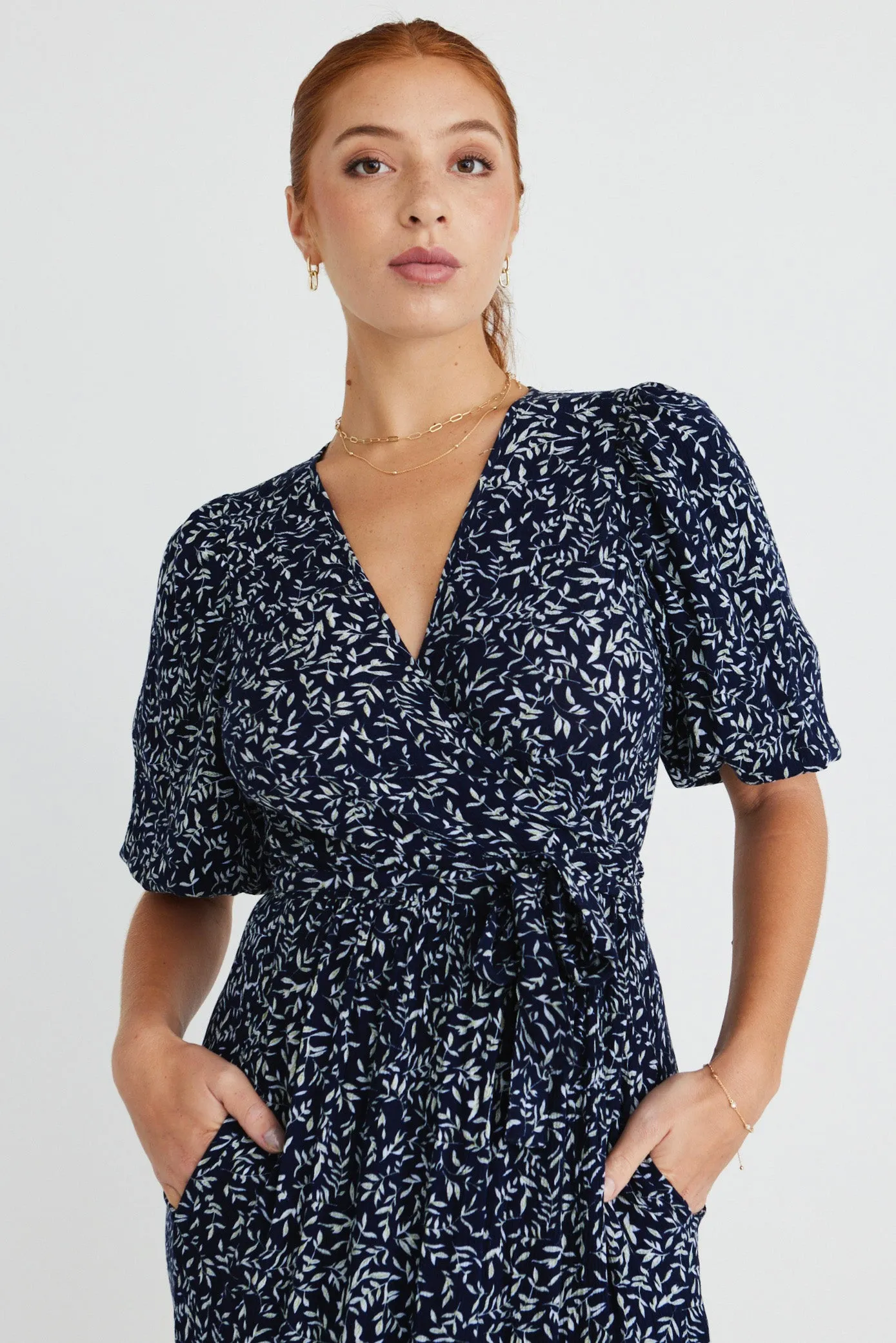 Ocean Navy Leaves SS Wrap Maxi Dress