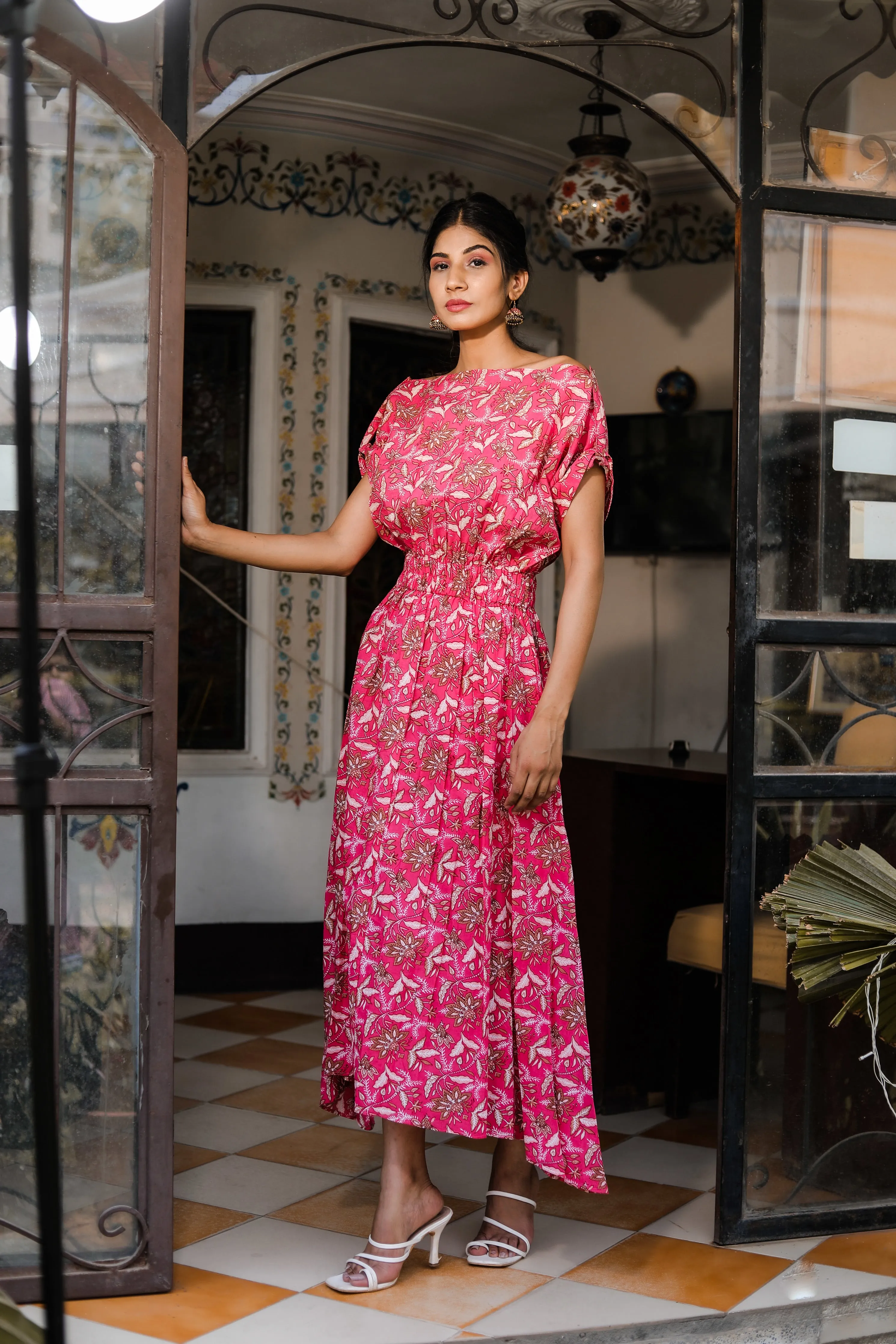 Off-shoulder pinkish belt style cotton maxi dress