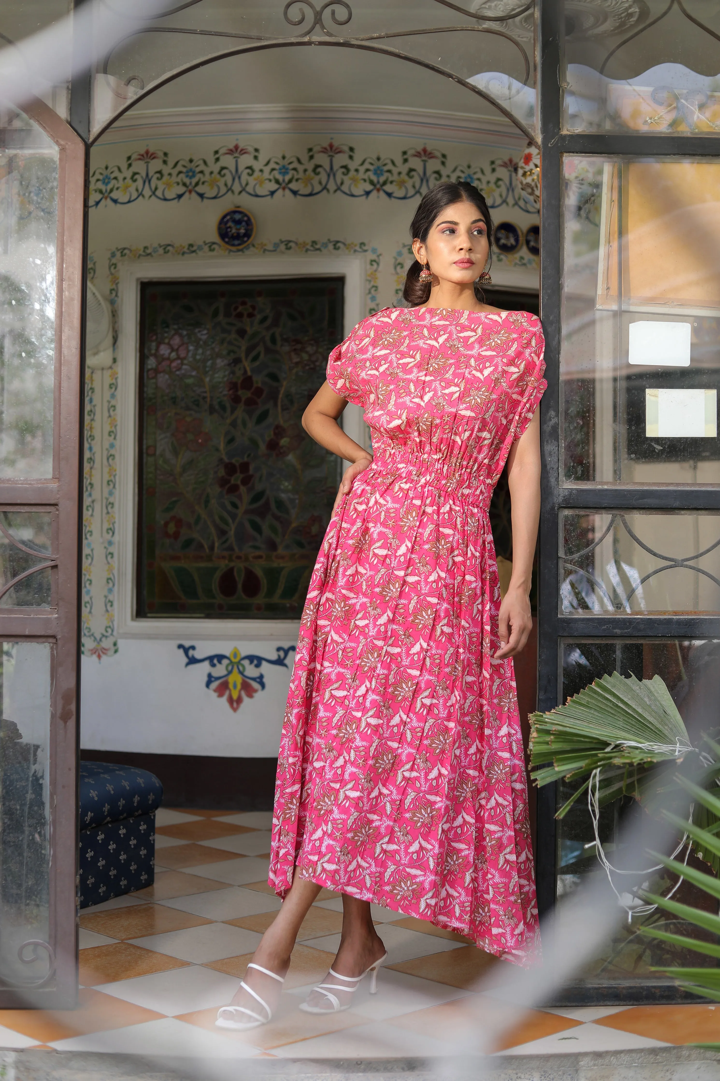 Off-shoulder pinkish belt style cotton maxi dress