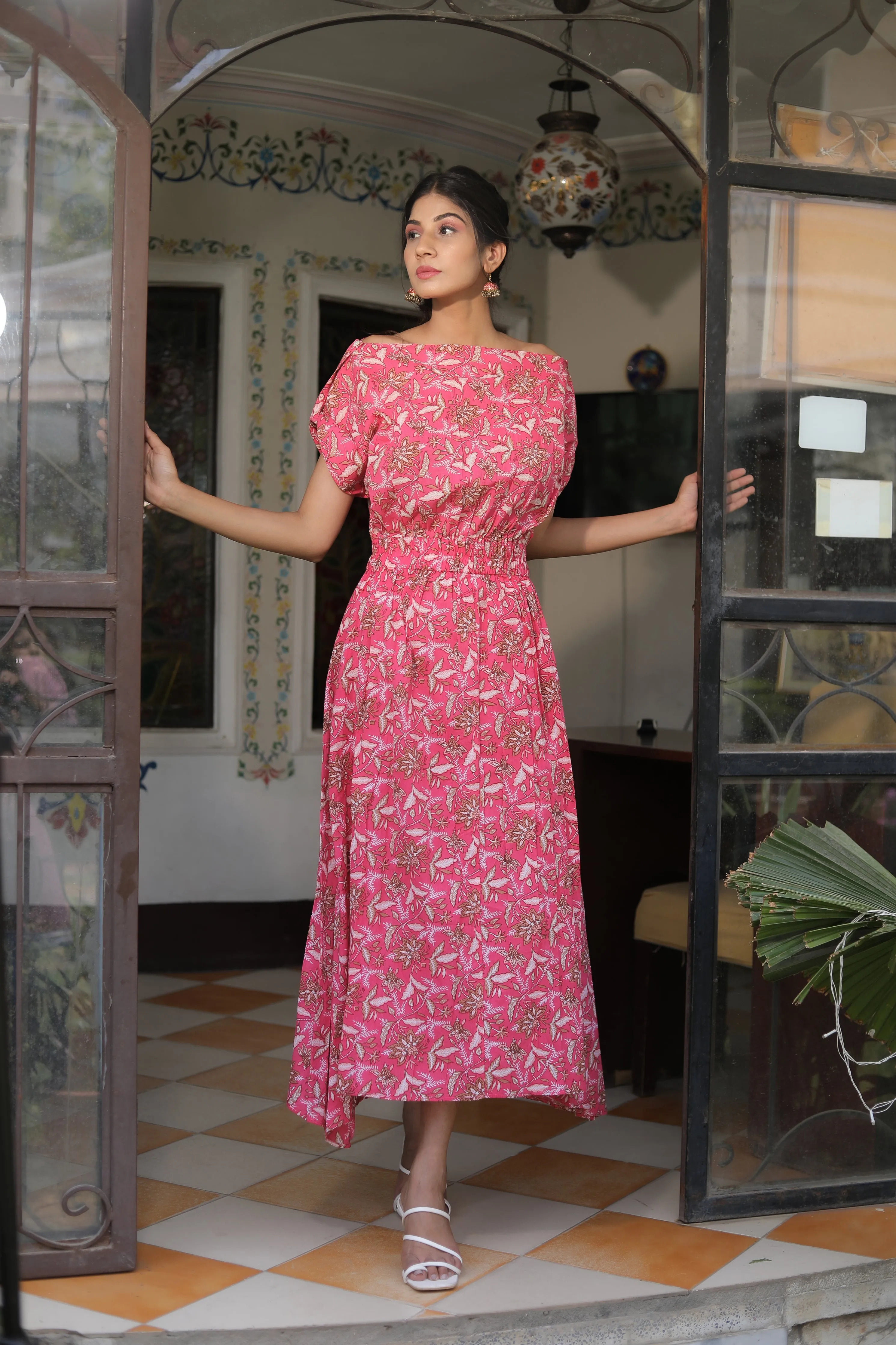 Off-shoulder pinkish belt style cotton maxi dress