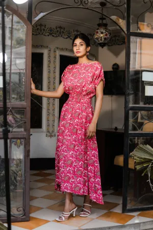 Off-shoulder pinkish belt style cotton maxi dress