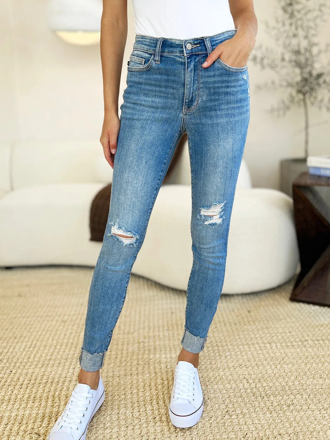 Online Judy Blue Full Size Mid Rise Destroy & Cuff Skinny Jeans