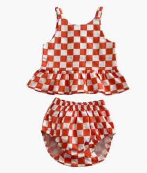 Organic Peplum Set - Tangerine Checkerboard