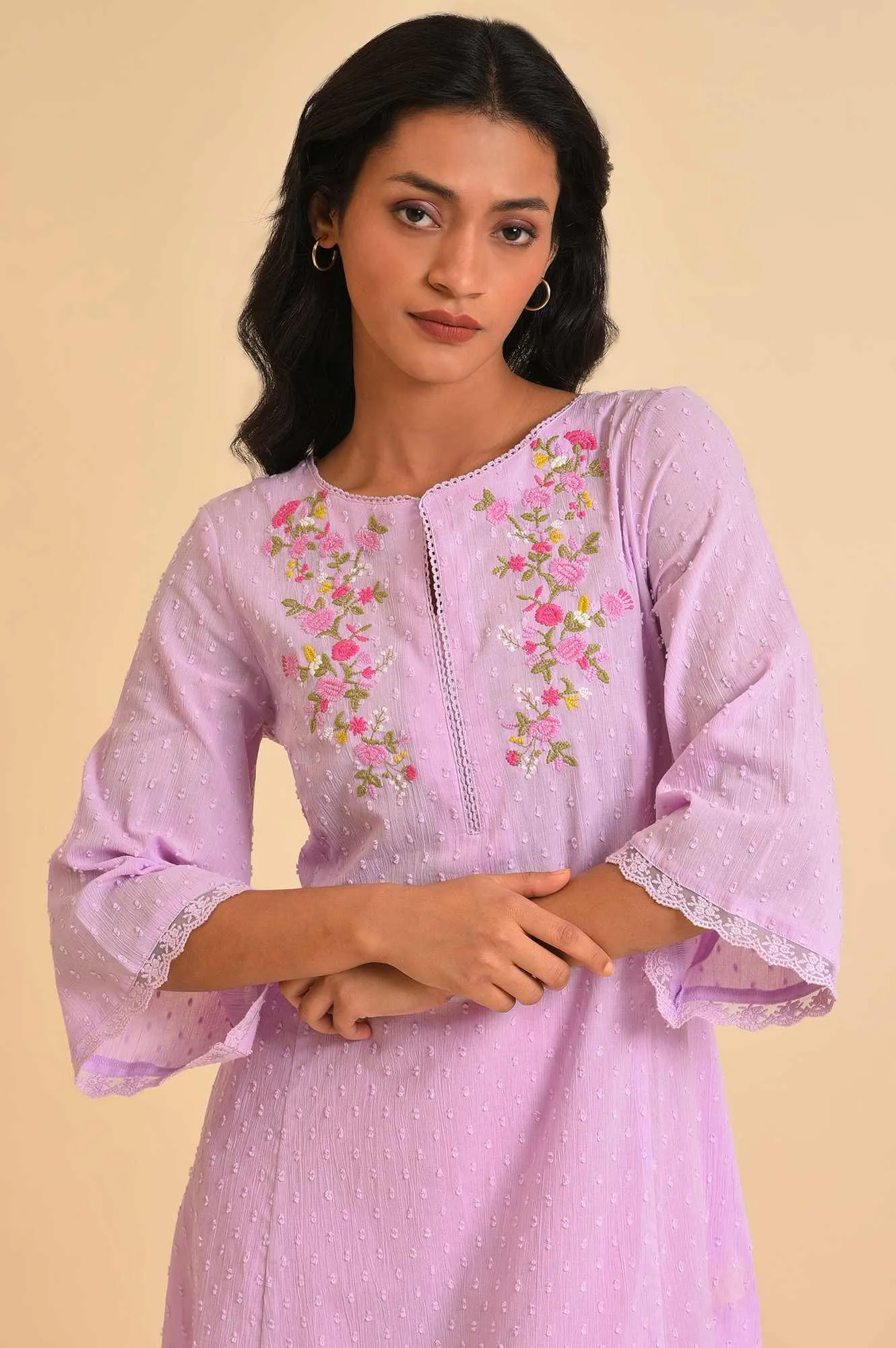 Plus Size Light Purple Embroidered Cotton kurta