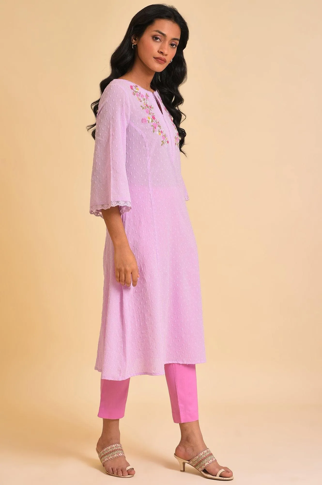 Plus Size Light Purple Embroidered Cotton kurta