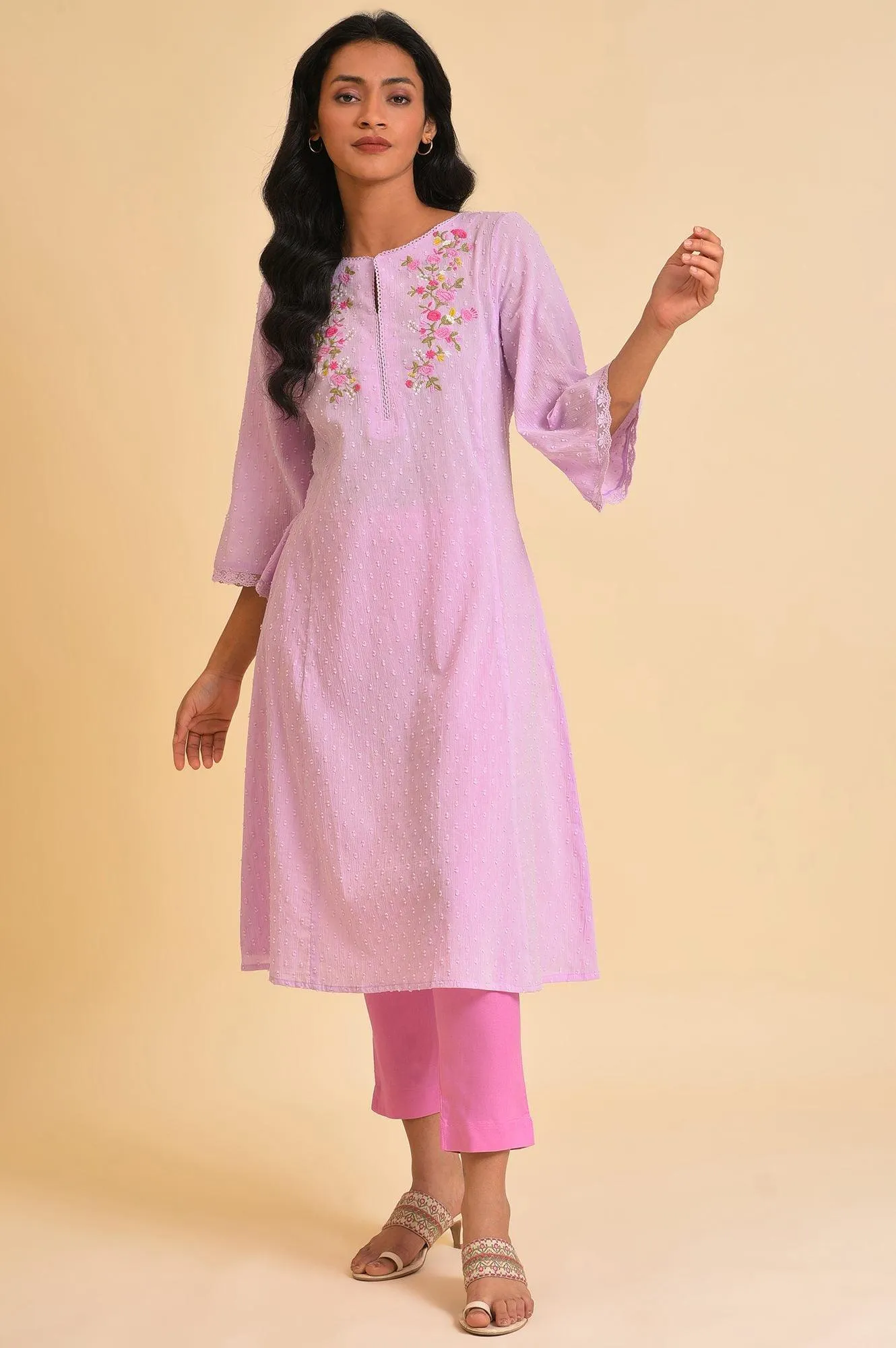Plus Size Light Purple Embroidered Cotton kurta