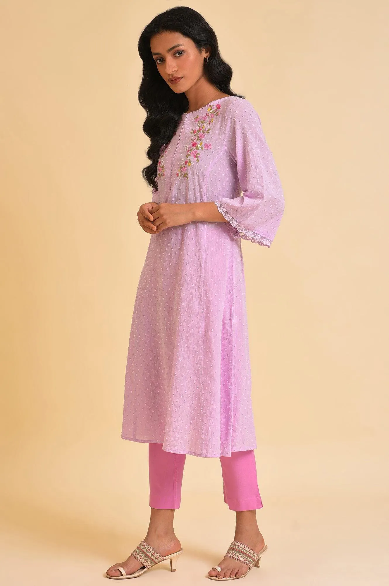 Plus Size Light Purple Embroidered Cotton kurta