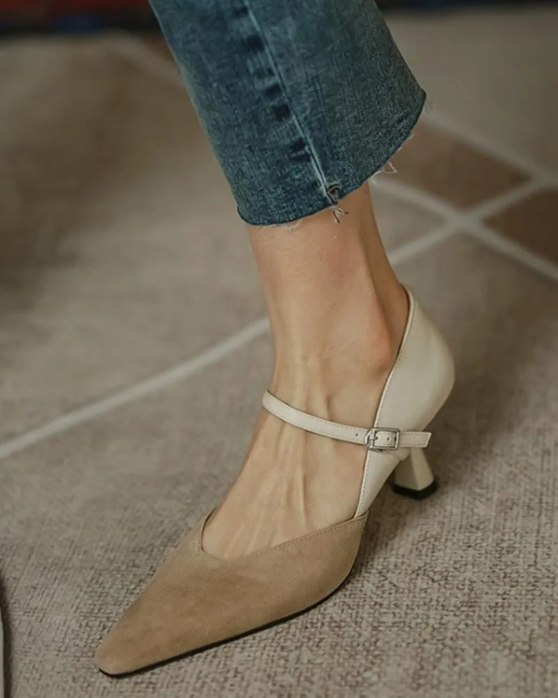 Pointed Toe Colorblock Suede Patch Buckled Heels