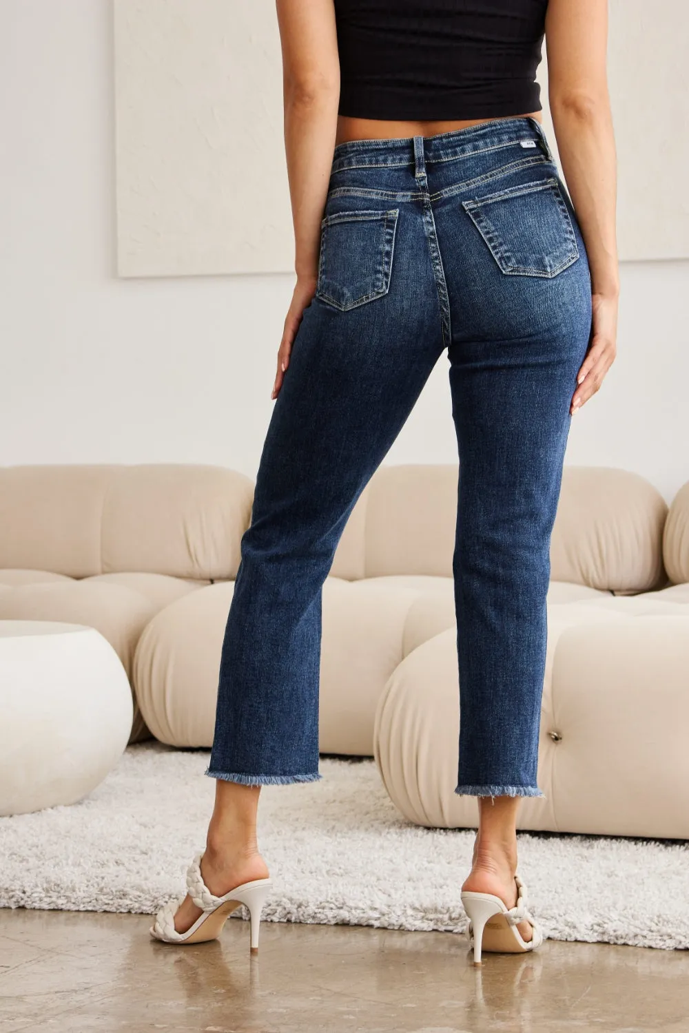 RFM Crop Dylan Tummy Control Distressed High Waist Raw Hem Jeans Dark Denim