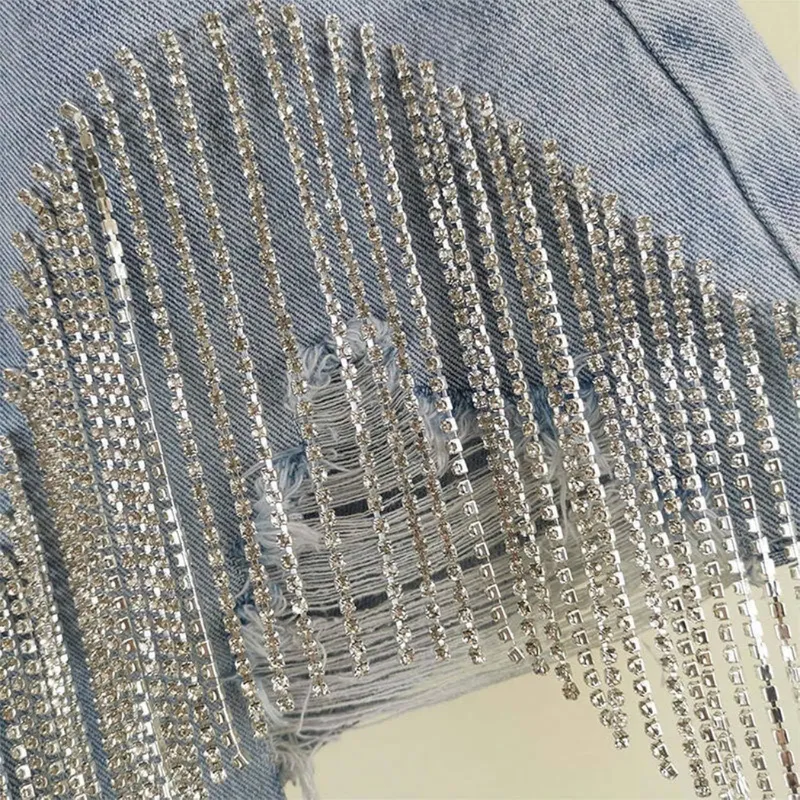 Rhinestone Fringe Denim Shorts – Pearl Beaded Design